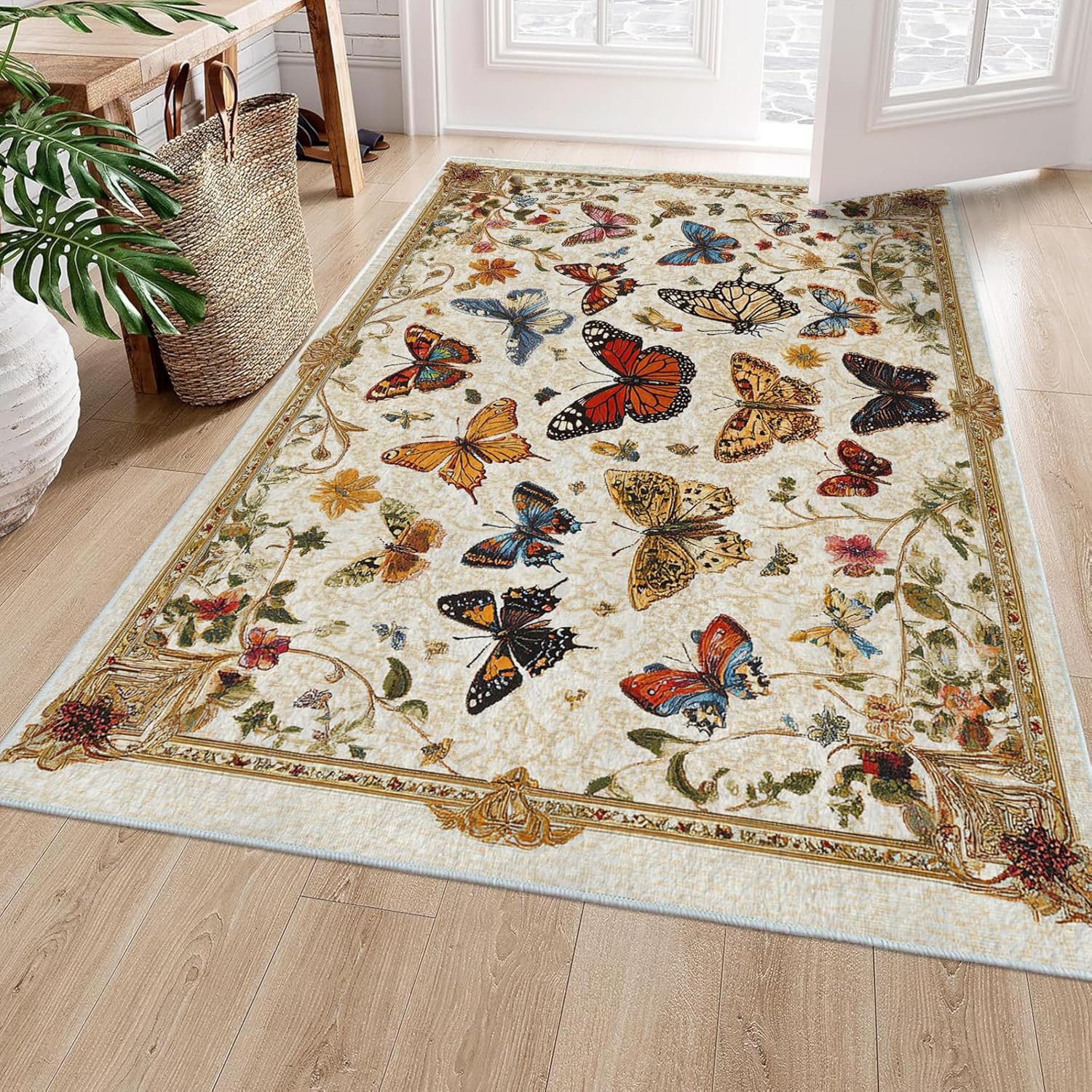 5x7 Butterfly Area Rugs Boho Floral Beige Blue Rug for Living Room Indoor Soft Non-Slip Thin Carpet Modern Abstract Rugs for Dining Room Office Bedroom Under Table Washable Machine