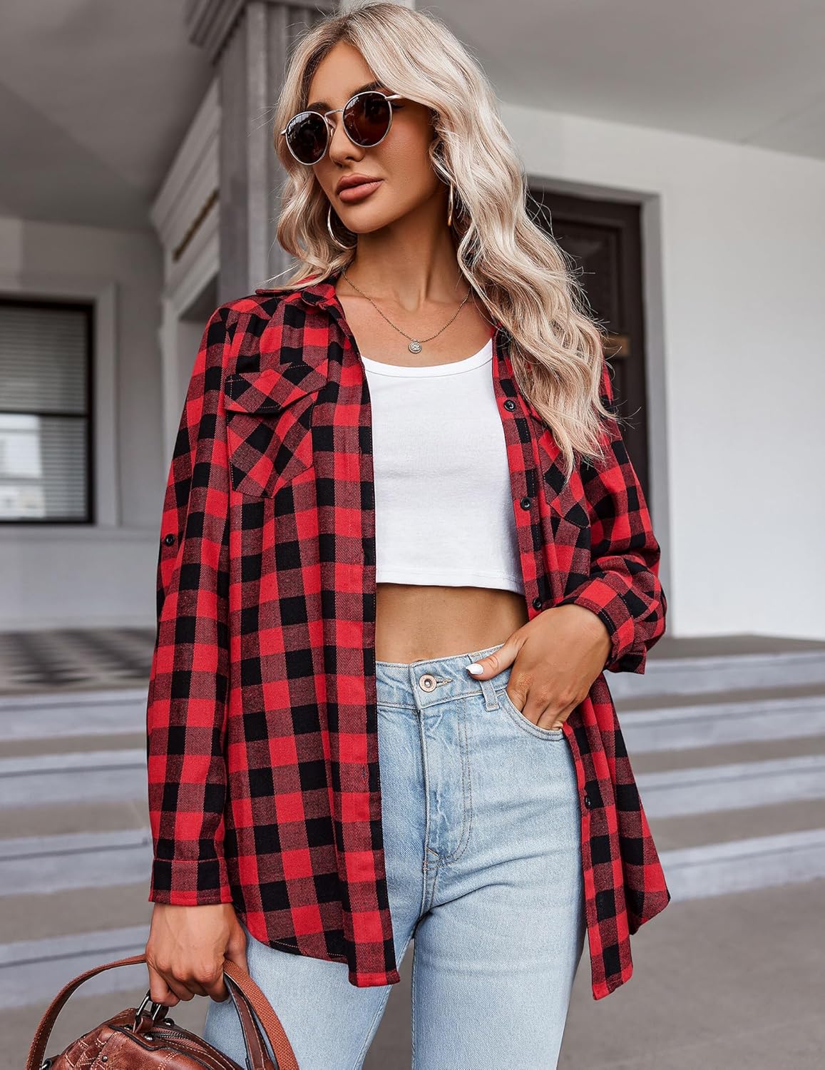Zeagoo Womens Plaid Shirt Flannel Shirt Roll up Sleeve Top Casual Button Down Blouse - Image 2