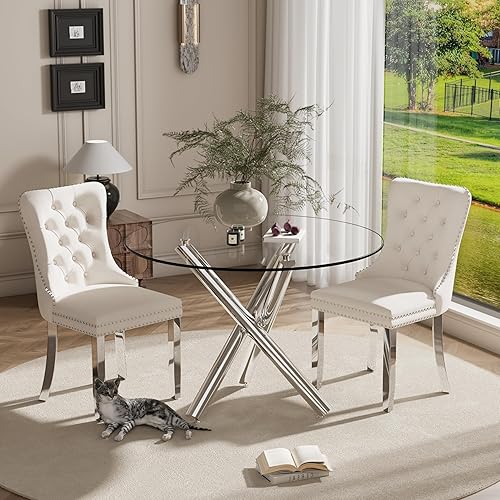 Miniatura 33 de Juego de mesa de comedor redonda dorada de 5 piezas, moderno juego de cocina circular de lujo para 4, 36 pulgadas, transparente, minimalista