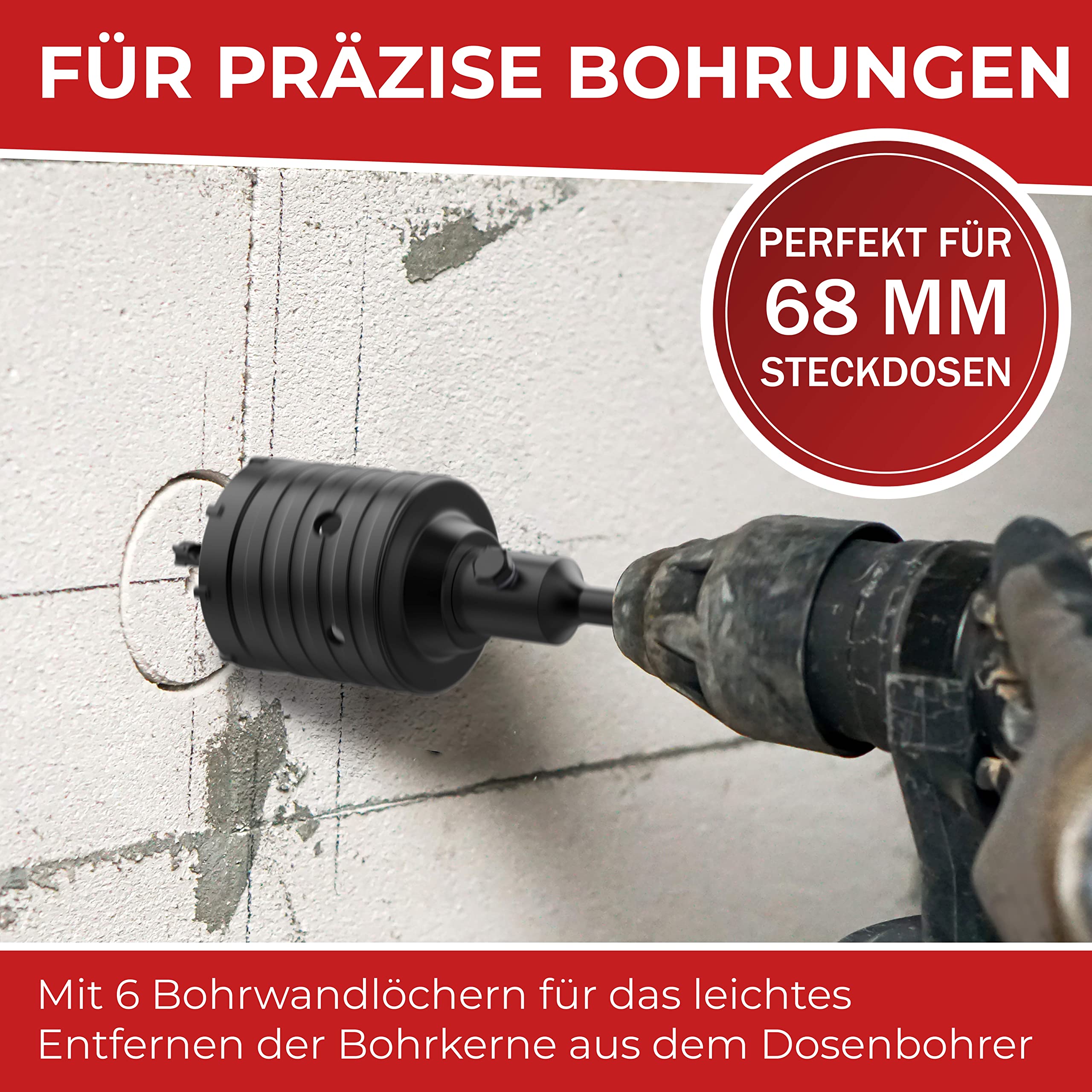 Korona wiertnicza 68 mm SDS Plus | z zabezpieczeniem śrub i kluczem płaskim, wiertło do puszek 68 mm, wiertło do gniazdka, beton porowaty, cegła