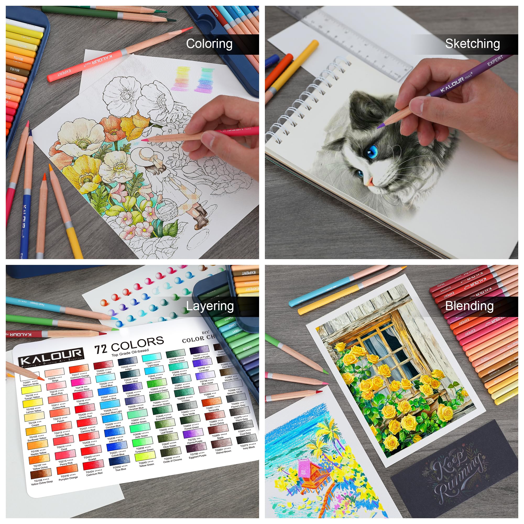 KALOUR Lot de 72 crayons de couleur professionnels pour coloriage, à base d'huile, noyau souple, idéal pour les artistes et les débutants