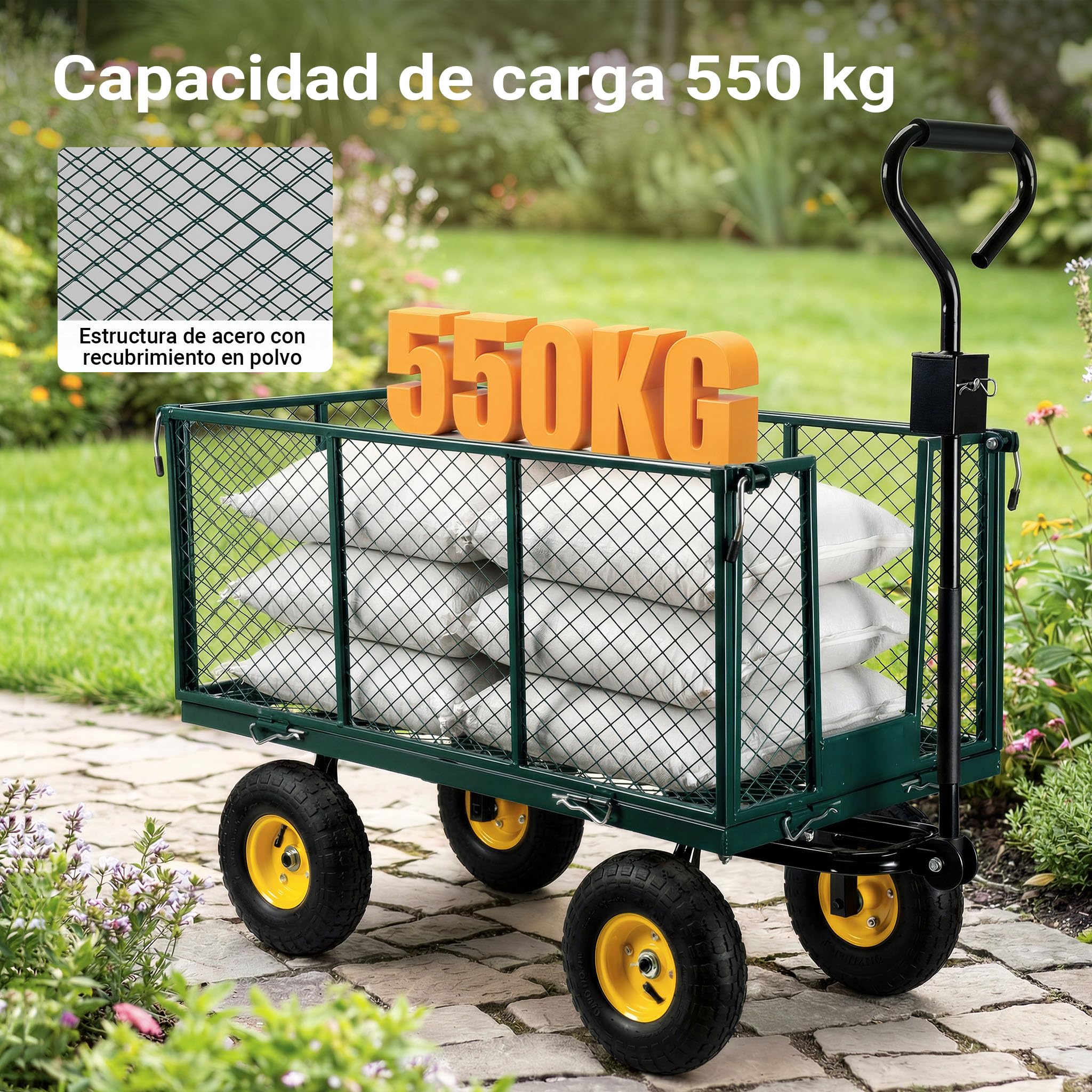 Carrito de Transporte XXL hasta 550kg con Lona extraíble, Rejilla de almacenaje y Ruedas Anchas