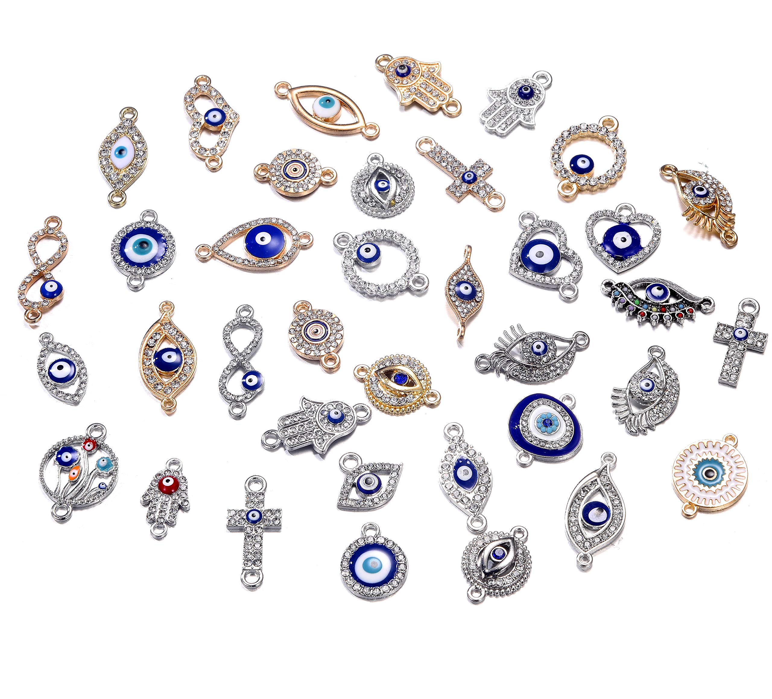 36pcs Mix Alloy Silver Colored Enamel Rhinestone Diamond Single Hole Evil Eye Charms Jewelry for DIY Bracelet Necklace Jewerly