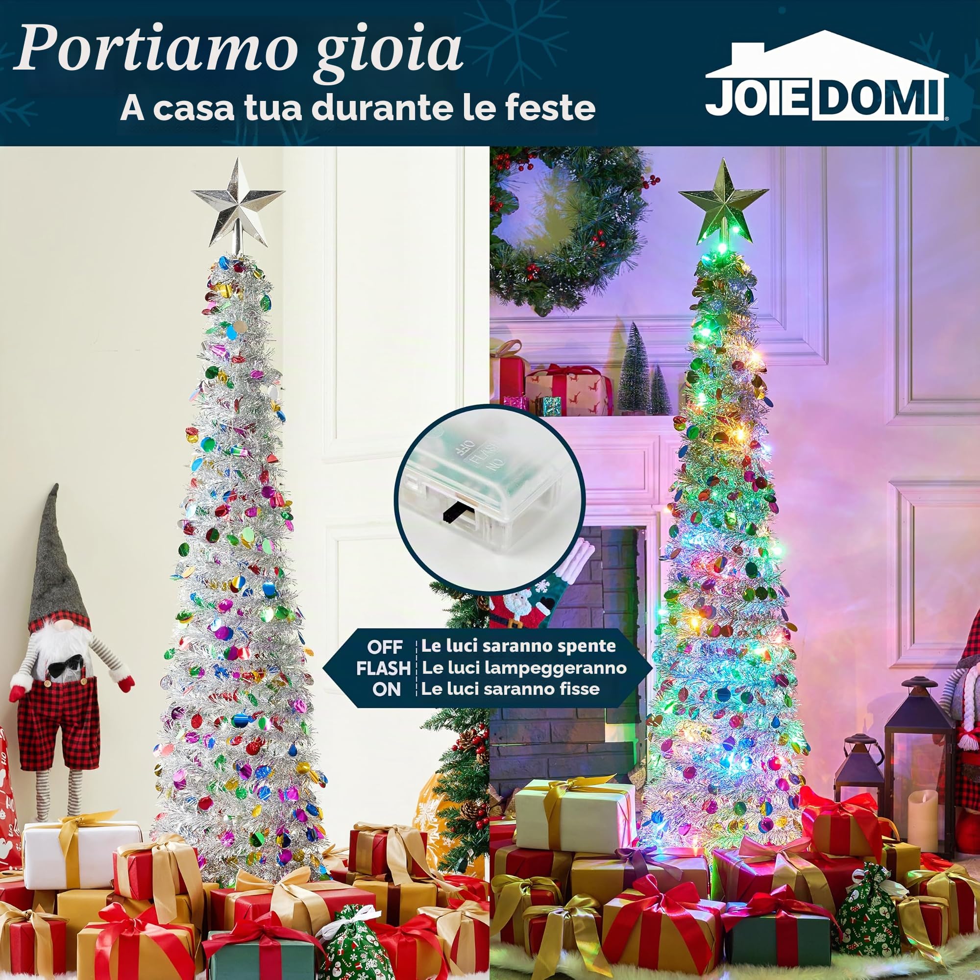 JOIEDOMI Albero di Natale a matita pop-up da 1,5 m con lustrini, luci e stella, decorazioni natalizie pieghevoli con timer per decorazioni natalizie da interno per casa e ufficio