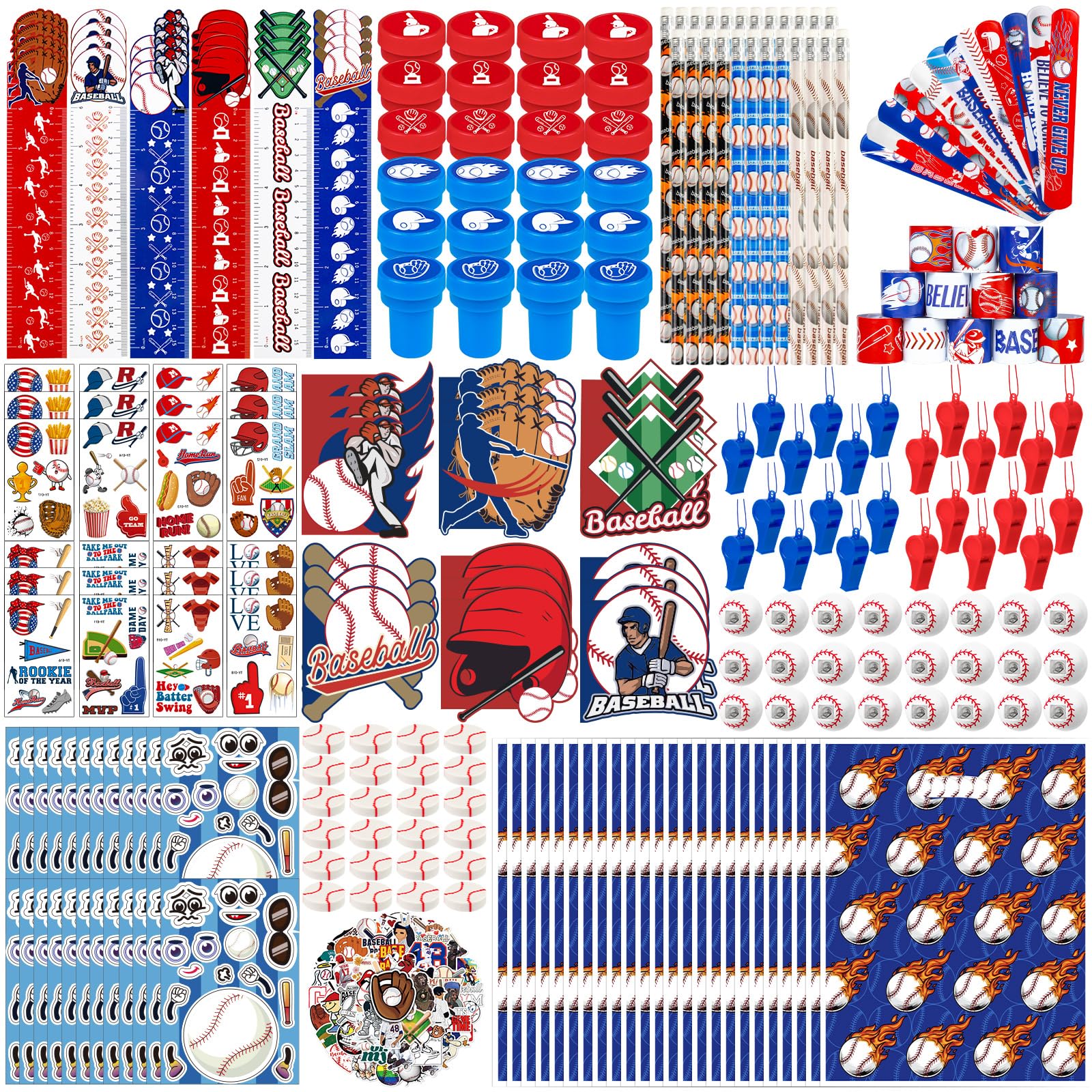 364 Pcs Baseball Party Favors 24 Sets Baseball Goodie Bag Stuffers Mini Cards Pencil Sharpener Eraser Tattoos Stickers Bracelets for Team Gift Ideal