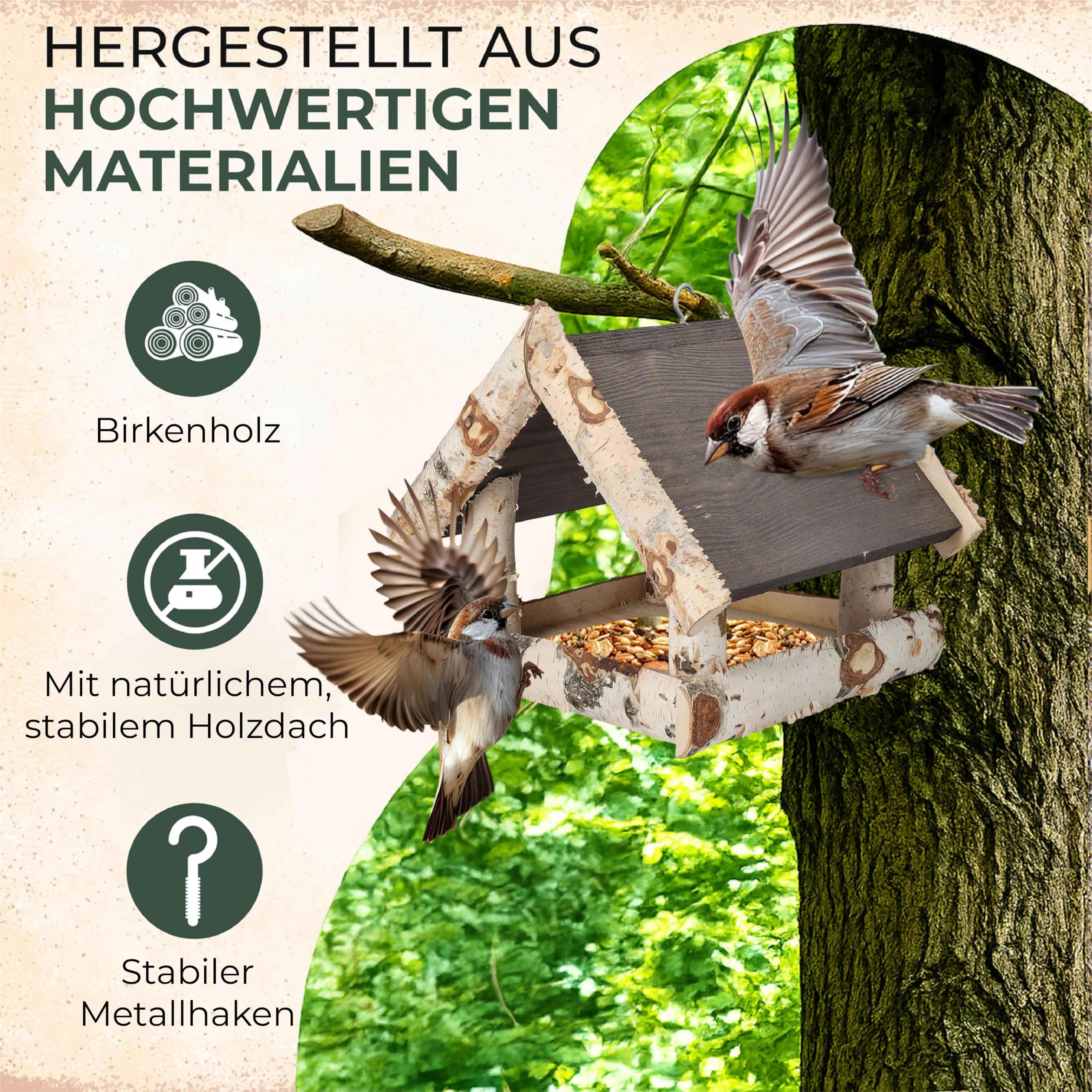 Comedero para pájaros de madera de abedul, comedero para pájaros para colgar, resistente a la intemperie, techo y gancho de metal, 26 x 26 x 25 cm, incluye 500 g de comida para pájaros lista