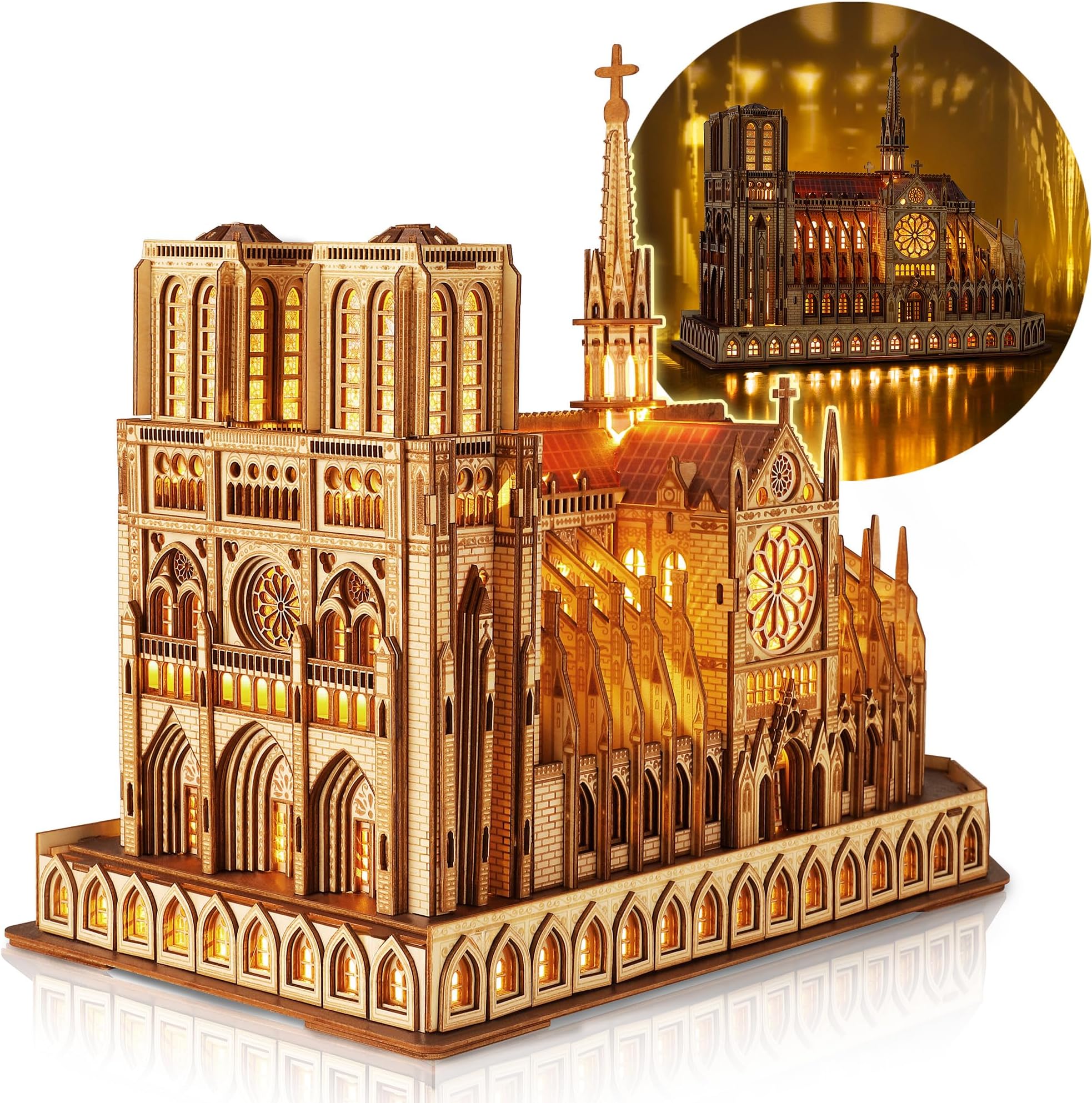 FUNPOLA LED 3D Wood Puzzle - Notre Dame de Paris Architecture Model-Night Edition with LED Lighting- DIY Building Model Craft Kit, Architecture Building Set