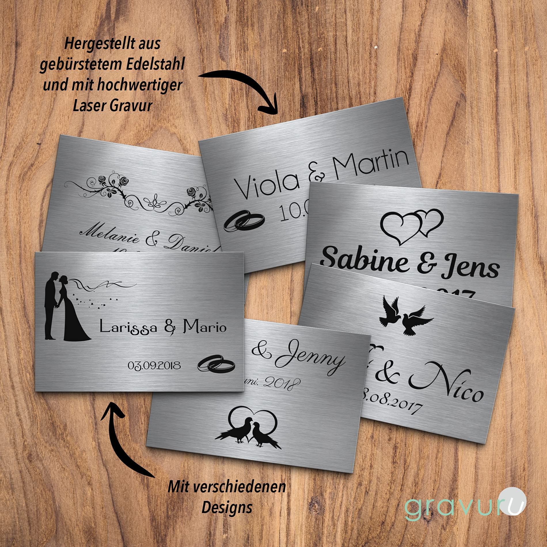 Edelstahl Hochzeitsschilder rechteckig mit Wunsch Gravur zB Name & Spruch & Eheringe Trauringe | Ausgefallene Geschenke Hochzeit viele Motive | Perlenhochzeit Kristallhochzeit