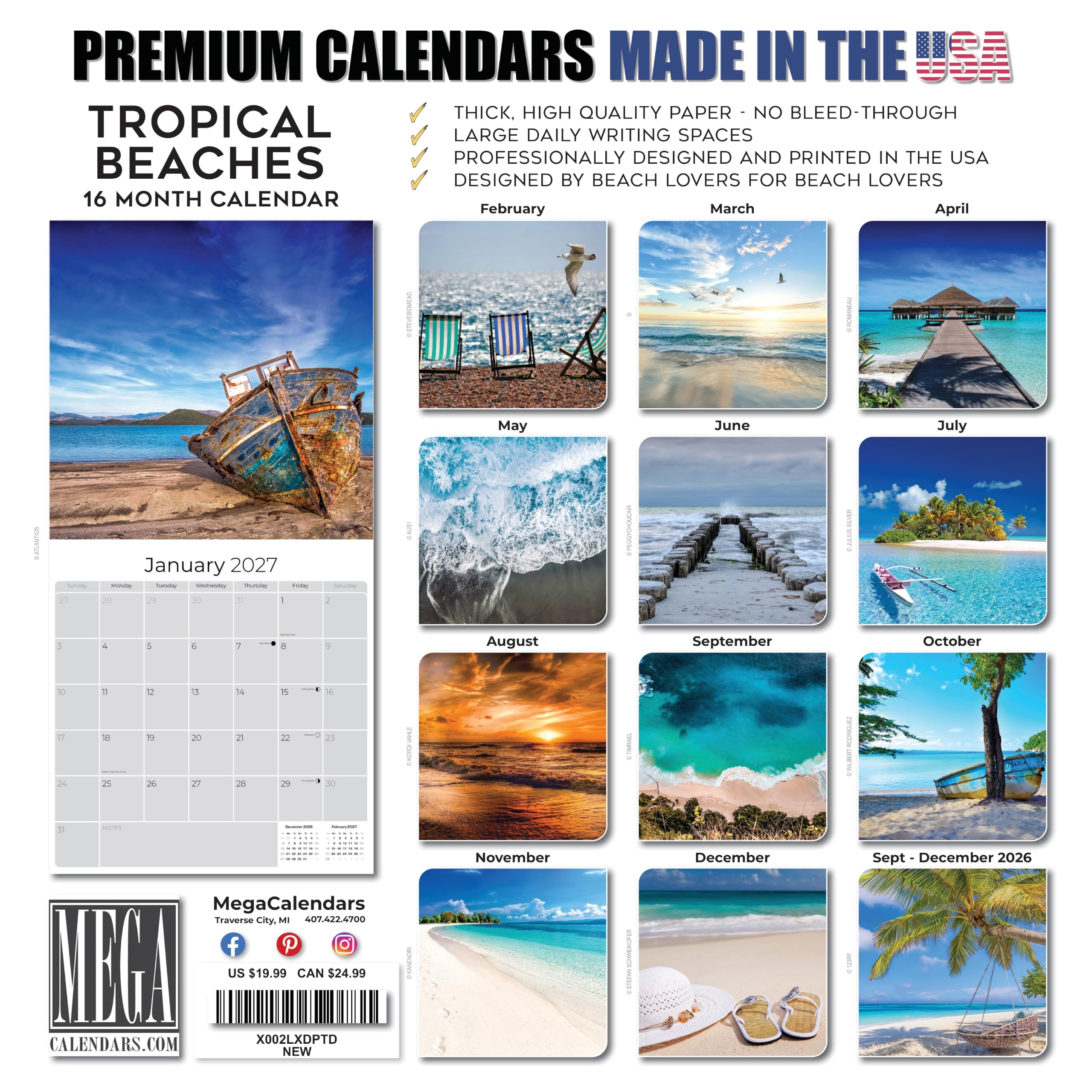 Calendario da parete per isole tropicali, calendario da viaggio, calendario da parete 2020-2021 - 16 mesi