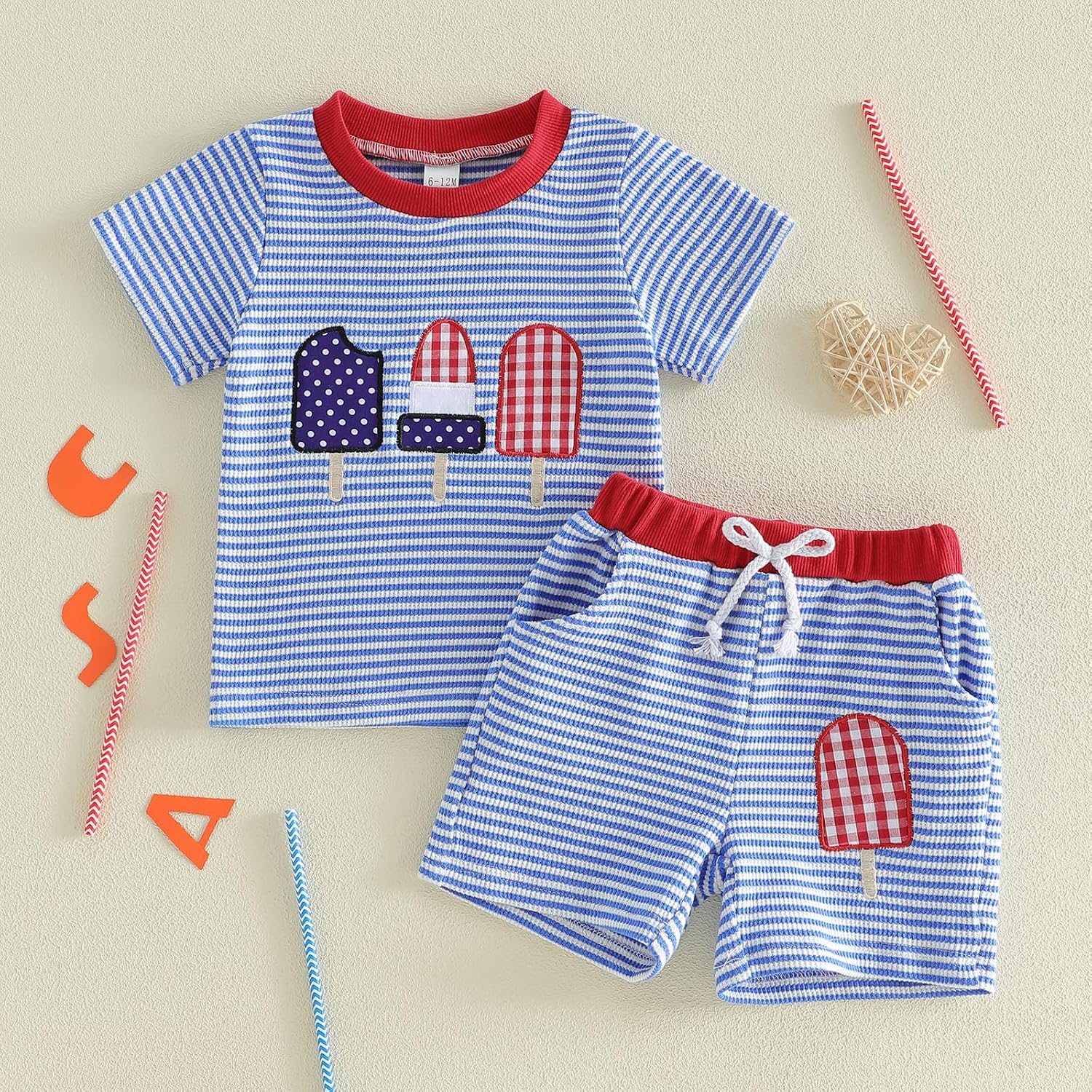 Toddler Baby Boy 4th of July Outfit Popsicle Embroidery Striped Waffle Knit Short Sleeve T Shirt Tops and Shorts Set