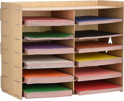 Adir Wood Paper Storage Organizer - Construction Paper Storage - Vertical File Mail Sorter - A Stylish Look for Home, Office, Classroom and More - Wood Grain 12 Compartment