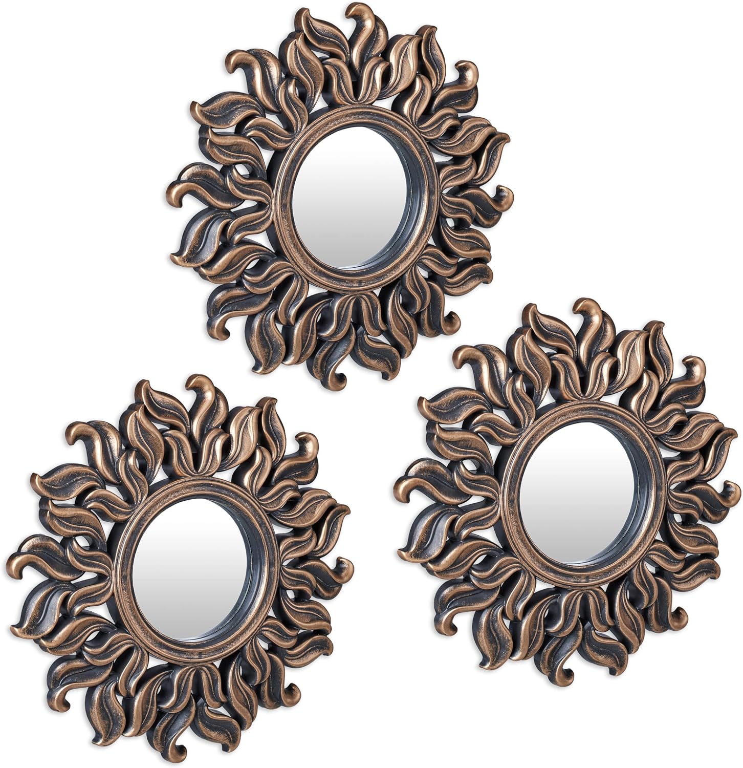 Relaxdays Set of three Spherical Solar Mirrors, Residing Room, Hallway, Ornamental Mirrors, Diameter 24 cm, Plastic Body, Bronze