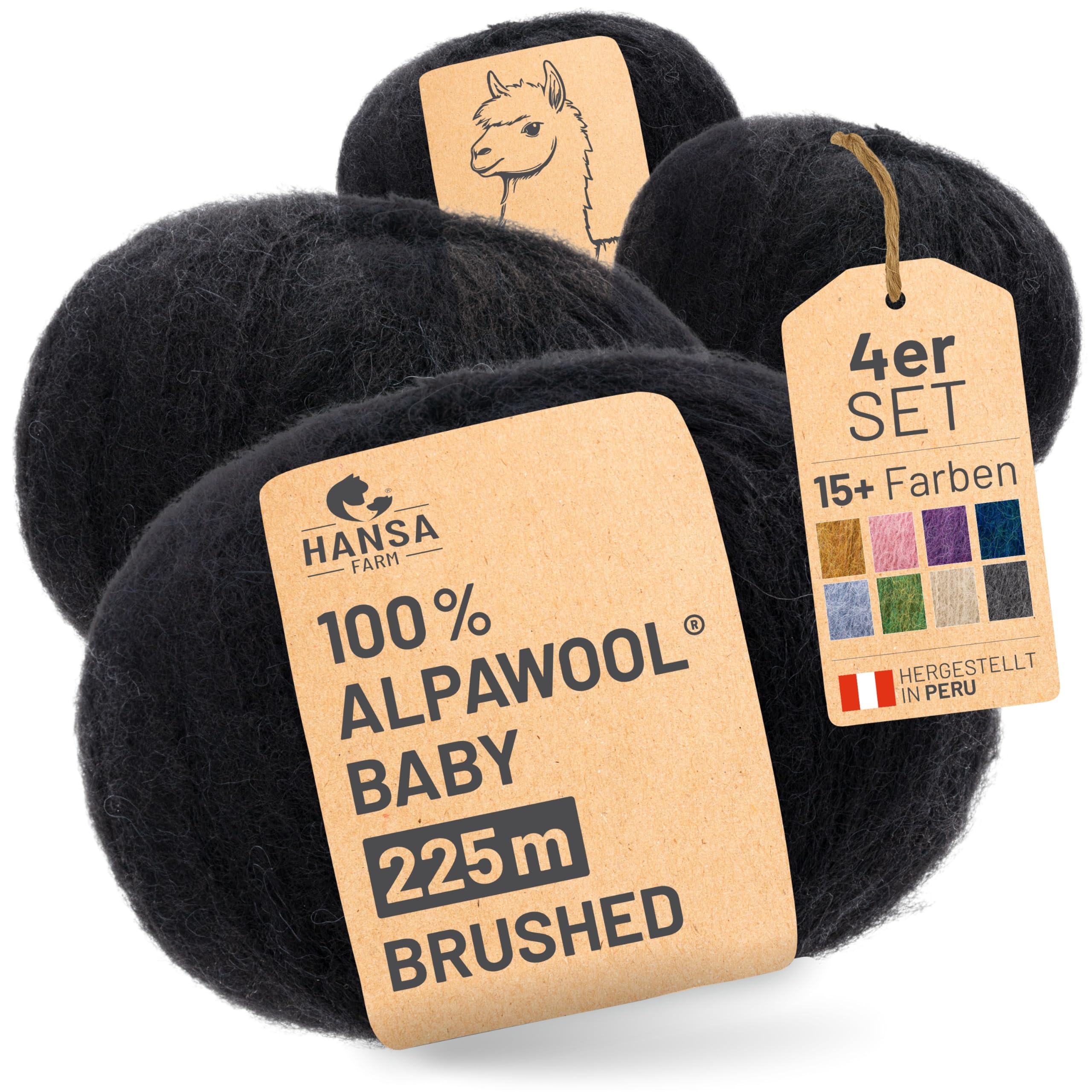 HANSA-FARM Alpawool 100% Baby Alpaca Brushed Set 200 g (4 x 50 g) lana leggera e antigraffio per lavorare a maglia e all'uncinetto – NFA15 nero