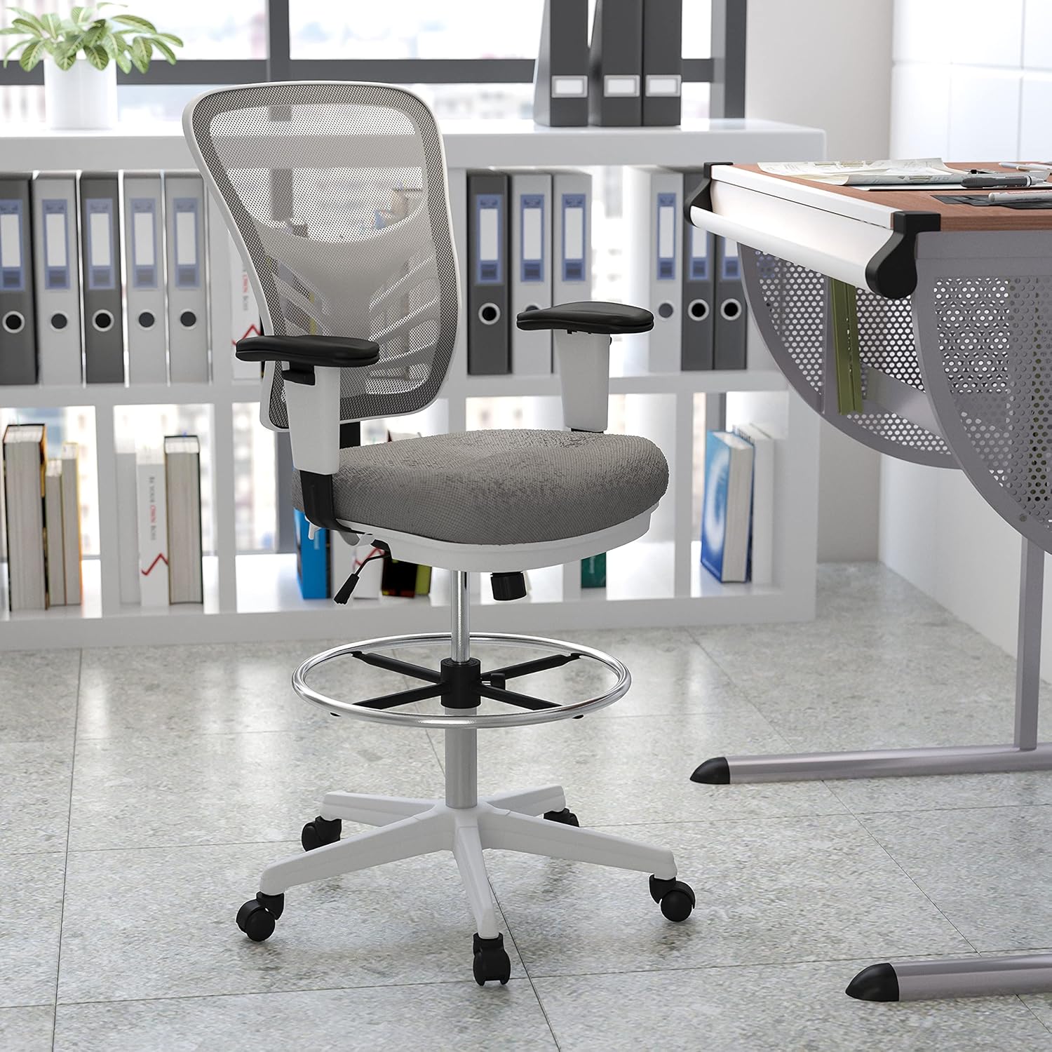 BizChair Mid-Back Gray Mesh/White Frame Adjustable Ergonomic Drafting Chair, Task Chair