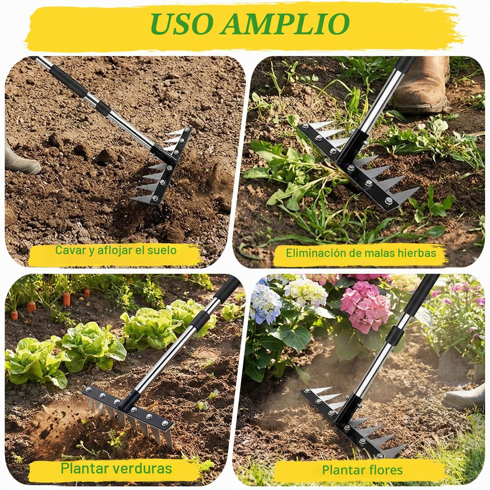 GAESHOW Rastrillo de Deshierbe con Mango Ajustable de 155 cm, Rastrillo para Malezar, Rastrillo Jardin de 8 Dientes de Acero Inoxidable para una Eficiente EliminacióN de Suelo