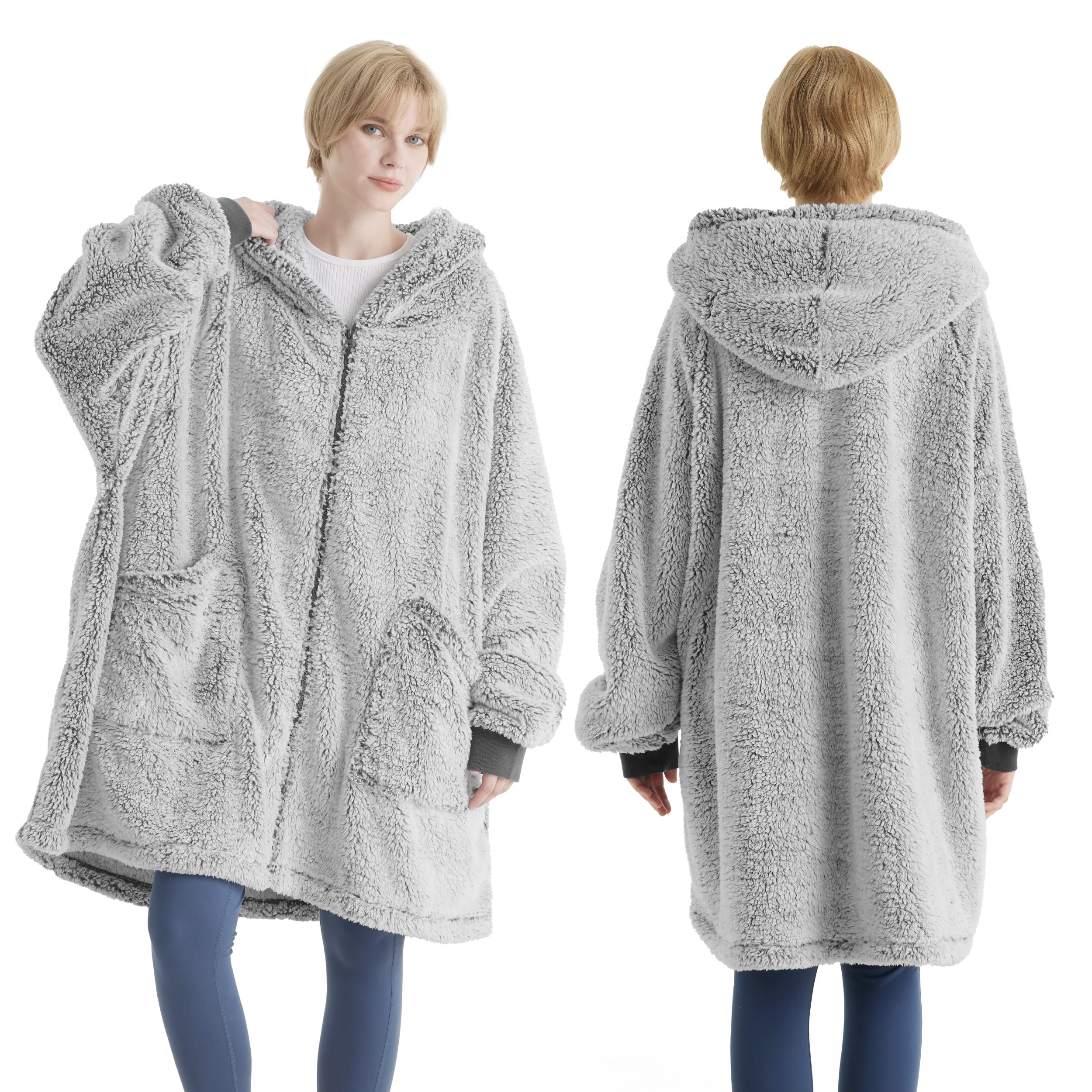Bedsure Couverture à capuche avec manches Sherpa - Couverture douillette avec manches - Pull douillet - Couverture portable - Cadeau pour femme, Gris, 100x78 cm