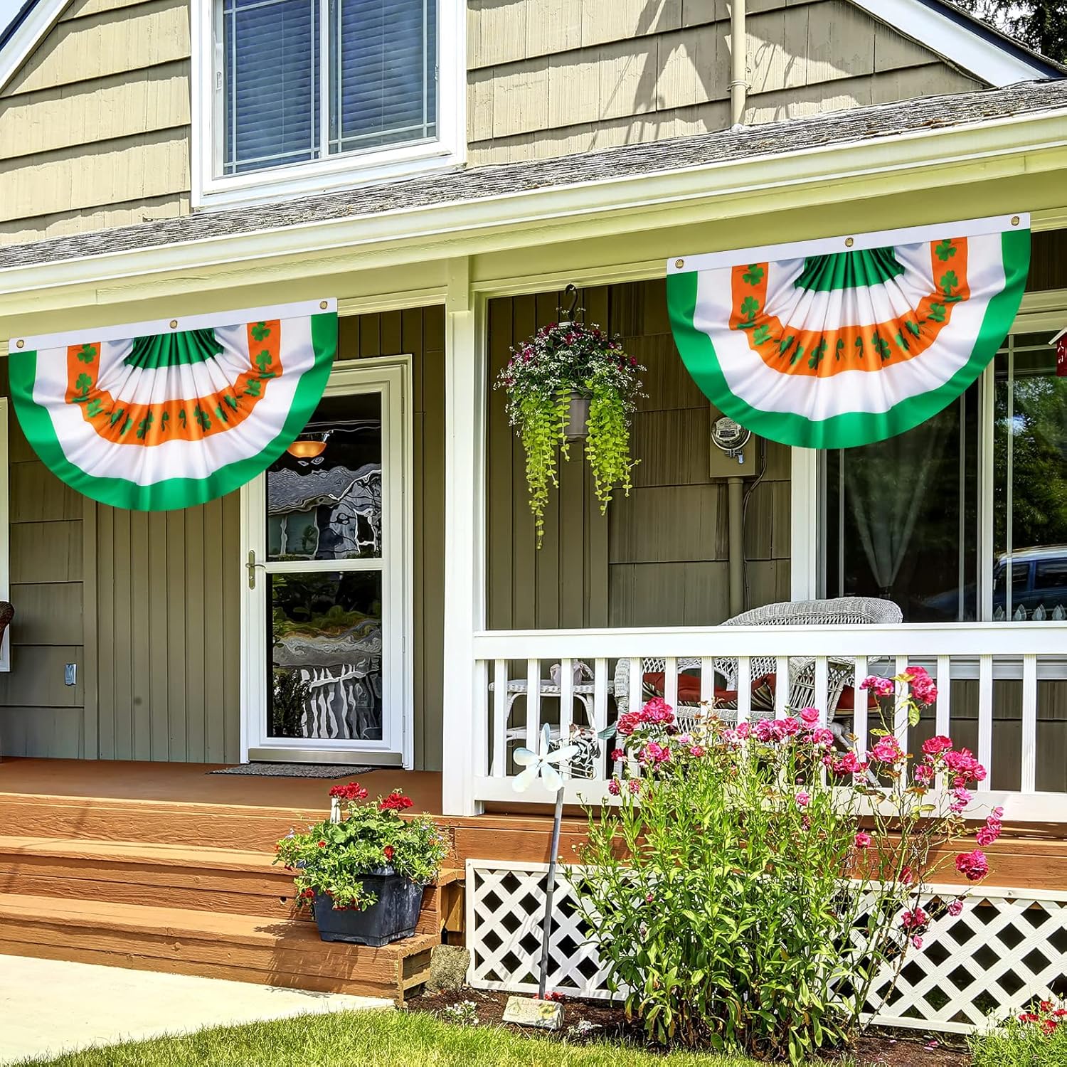 Tegeme 6 pcs St. Patrick Day Irish Flag Shamrock Ireland Fan Flag 3 X1.5 Feet St. Patrick Day Bunting with Grommet Garden Banner Outdoor Decoration