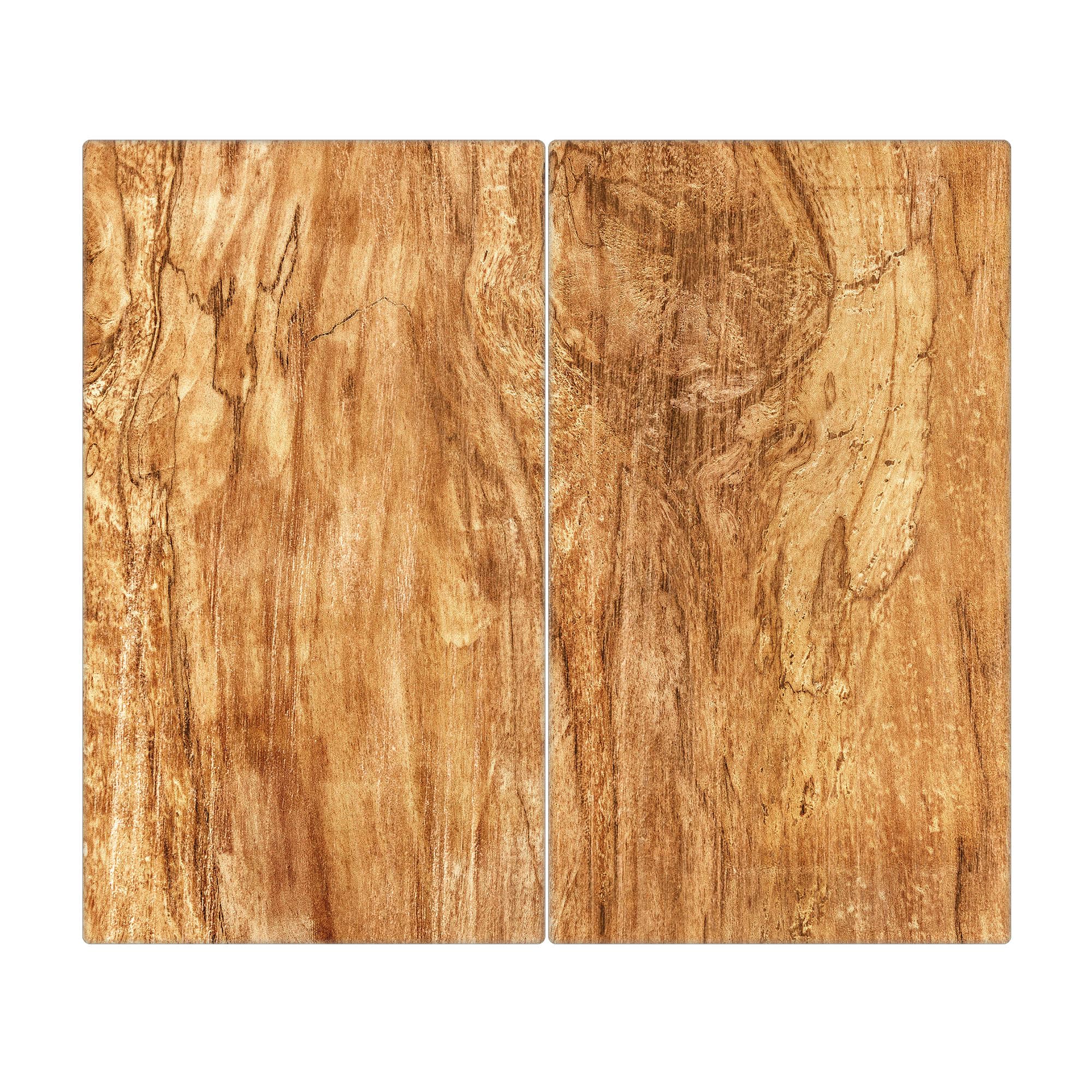 banjado Herdabdeckplatte Glas 2-teilig 60x52 cm, robuste Ceranfeld Abdeckung und Schneidebrett Glas aus gehärtetem Glas, Spritzschutz Küche in warmer Holzoptik mit Motiv Holz Struktur mit Astloch