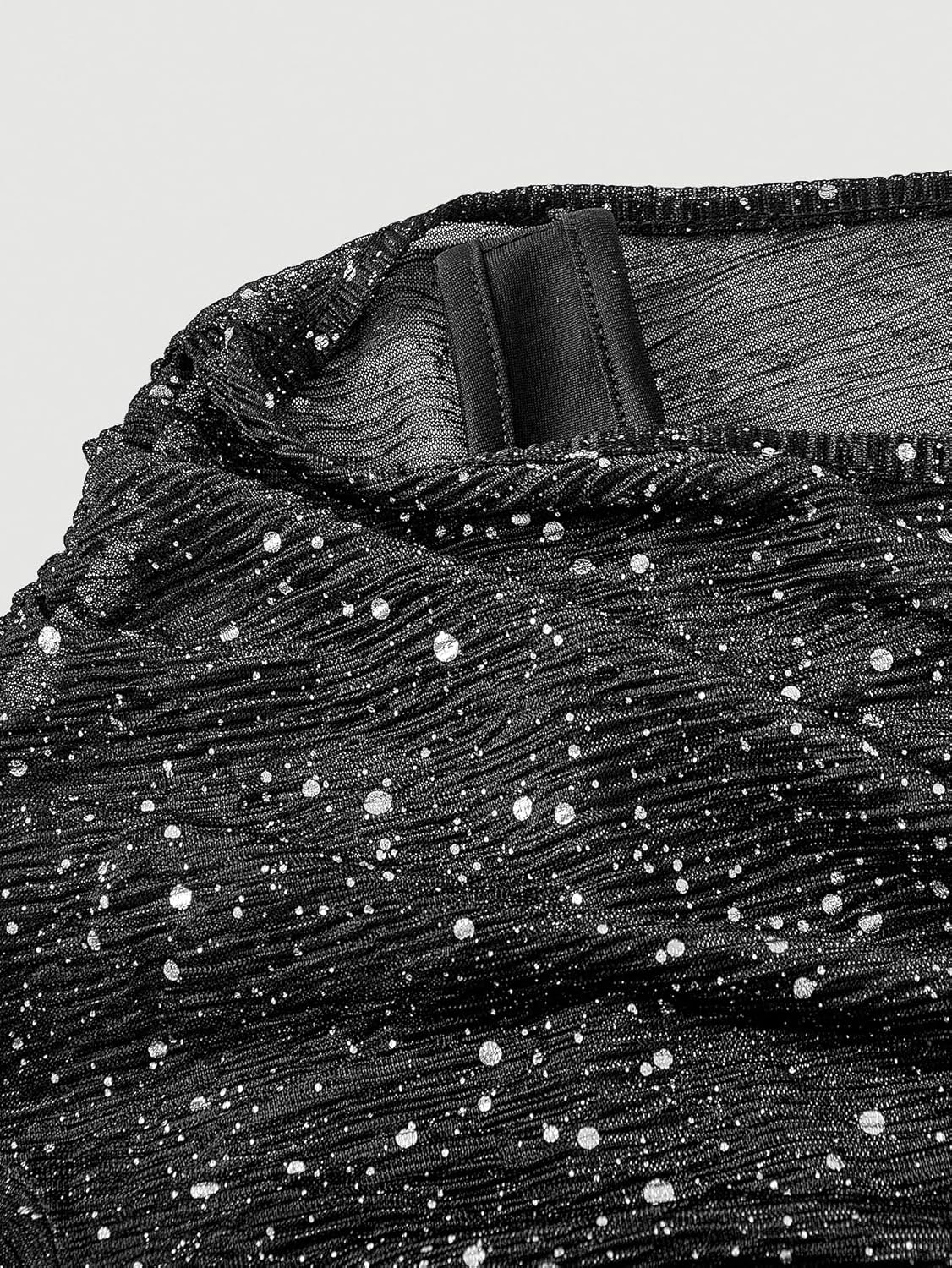 OYOANGLE Women's Sequin Mesh Long Bell Sleeve 2 in 1 Mesh Top Asymmetrical Neck Fitted Party Crop Tops - Image 6