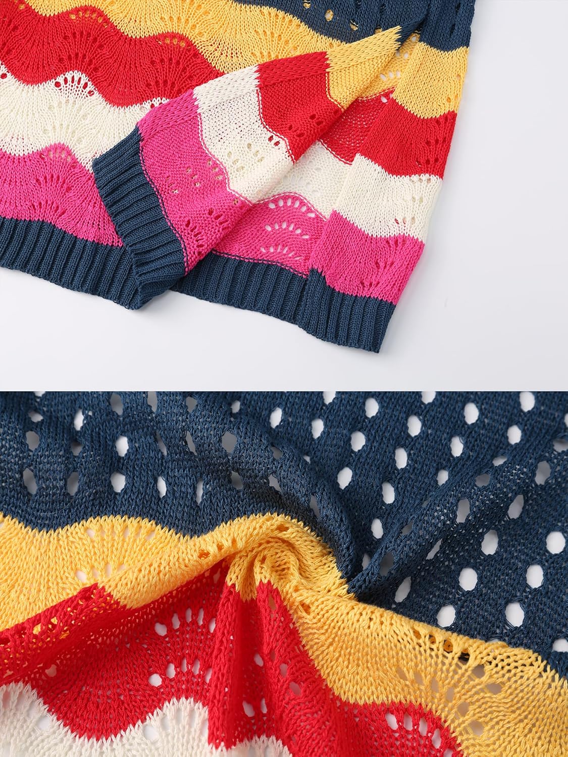 Women's Swimsuit Crochet Cover Up V Neck Hollow Out Bathing Suit Coverup Color Block Side Split Mini Dress - Image 5