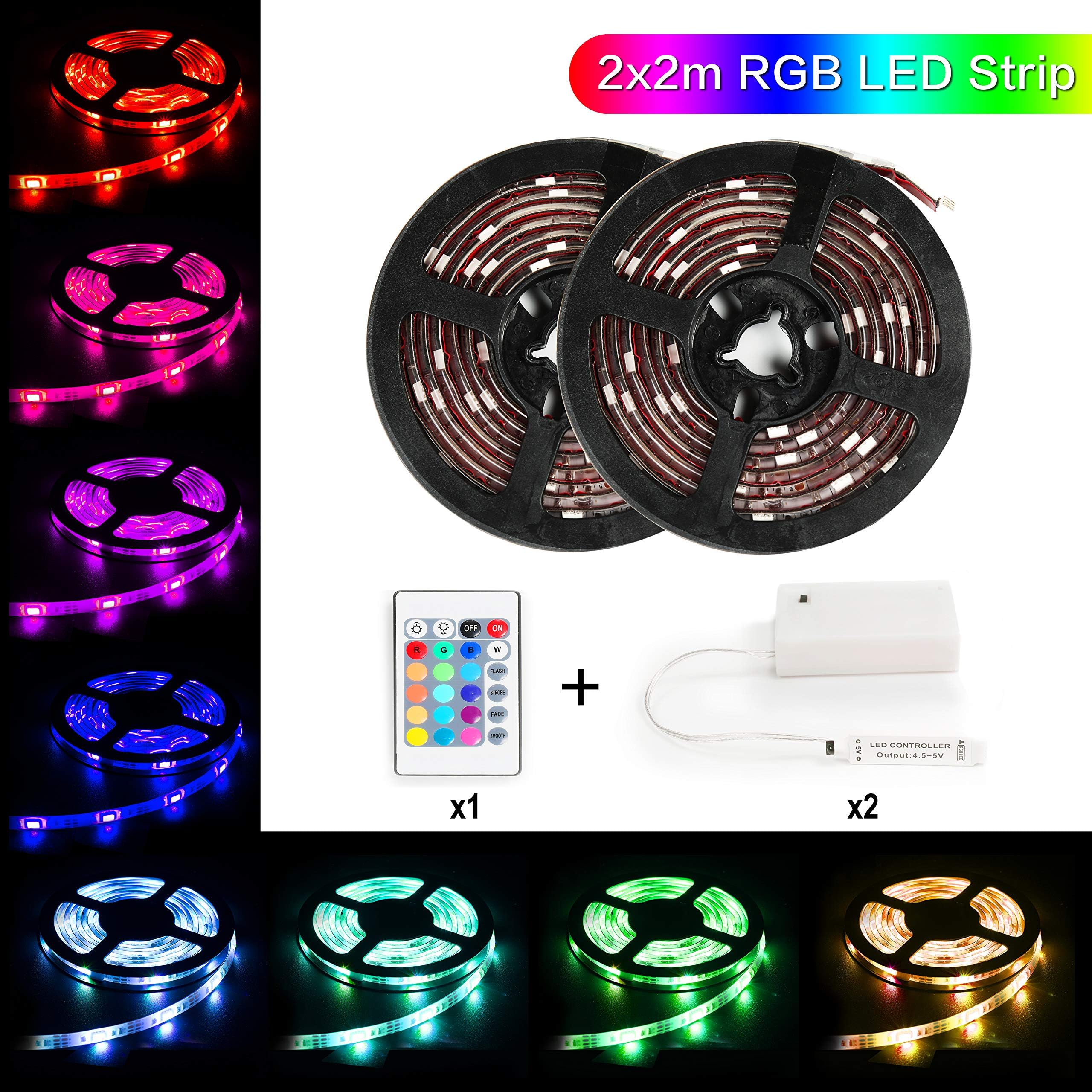 Led Light Strip Battery Powered，MEILLY RGB 2M / 6.6FT 60Leds 5050 Leds Strip Light IP65 Waterproof Flexible Rope Lights, Color Changing Strip Lightings with 24 Key Remote Control ( 2Pcs)