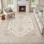 8x10 Zone lavable Rug, Grandes Rugs pour le salon Tâche résistant non glissante en arrière Soft Low Pile Vintage Tapis pour chambre à manger Chambre Kid & Décoration d'intérieur pour animaux de compagnie - Béige