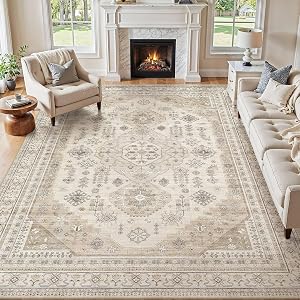 8x10 Washable Area Rug, Large Rugs for Living Room Stain Resistant Non Slip Backing Soft Low Pile Vintage Carpet for Bedroom Dining Room Kid & Pet Friendly Home Decor - Beige