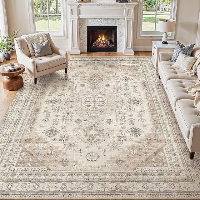 8x10 Zone lavable Rug, Grandes Rugs pour le salon Tâche résistant non glissante en arrière Soft Low Pile Vintage Tapis pour chambre à manger Chambre Kid & Décoration d'intérieur pour animaux de compagnie - Béige