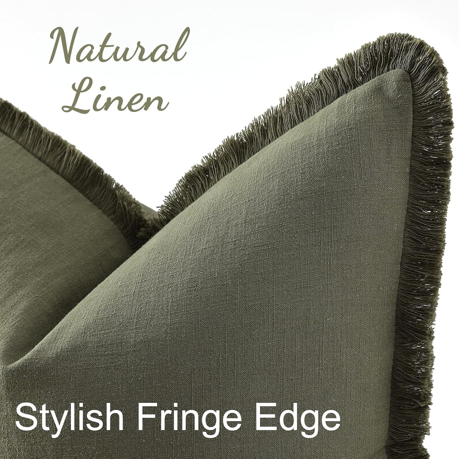 decorUhome Summer Decorative Neutral Linen Fringe Throw Pillow Covers Set of 2 Olive Green Pillow Covers with Tassels Soft Farmhouse Boho Accent Pillow Cases for Couch Bed Sofa 20x20 Inch