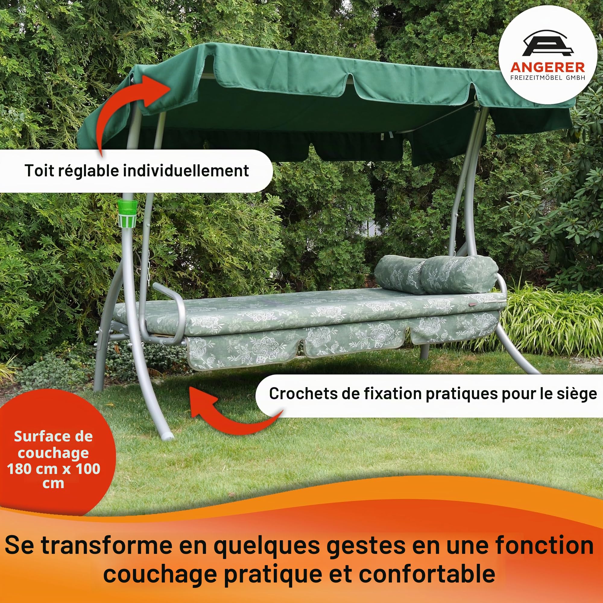 Angerer Balancelle de Jardin Trend, 3 Places Convertible en Lit, Acier Galvanisé, Toit Ajustable, Coussins Lavables, Capacité 270 kg, Fabriqué en Allemagne (Vert uni)