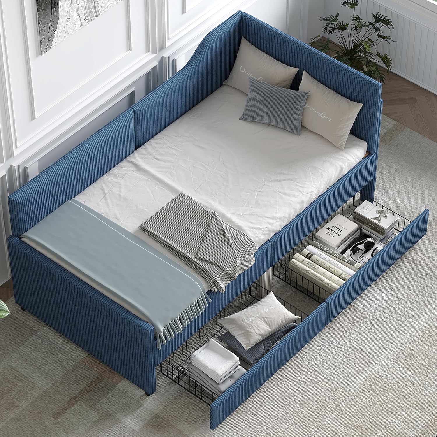 Twin Daybed with Storage Drawers, L-Shaped Platform Bed Frame Twin Size with Headboard for Kids, Twin Size Corduroy Upholstered Corner Bed for Living Room, Wood Slats, No Box Spring Needed, Blue