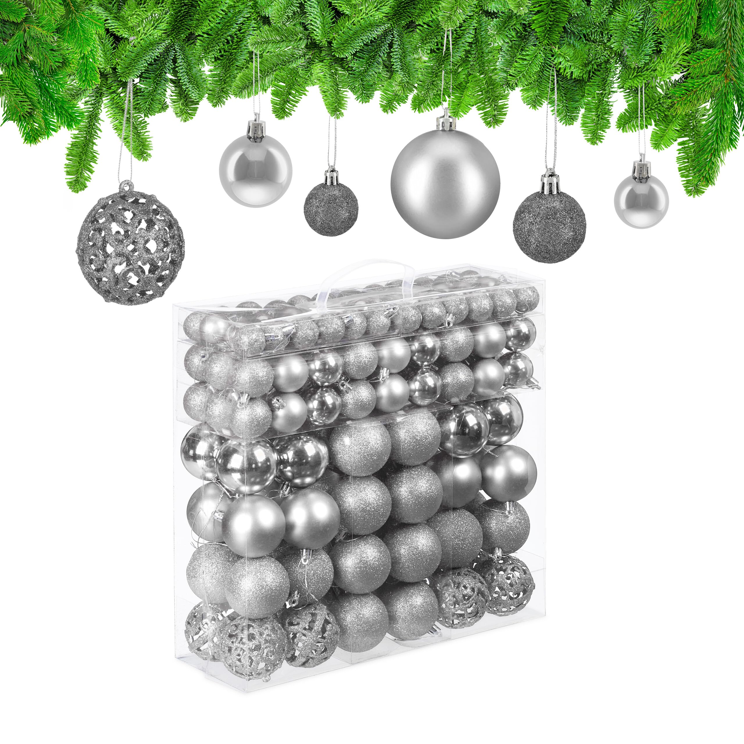 Relaxdays 150x Boules de Noël, Paillettes, Mates, Brillantes, déco Sapin, Plastique, diamètre 3, 4 et 6 cm, argentées