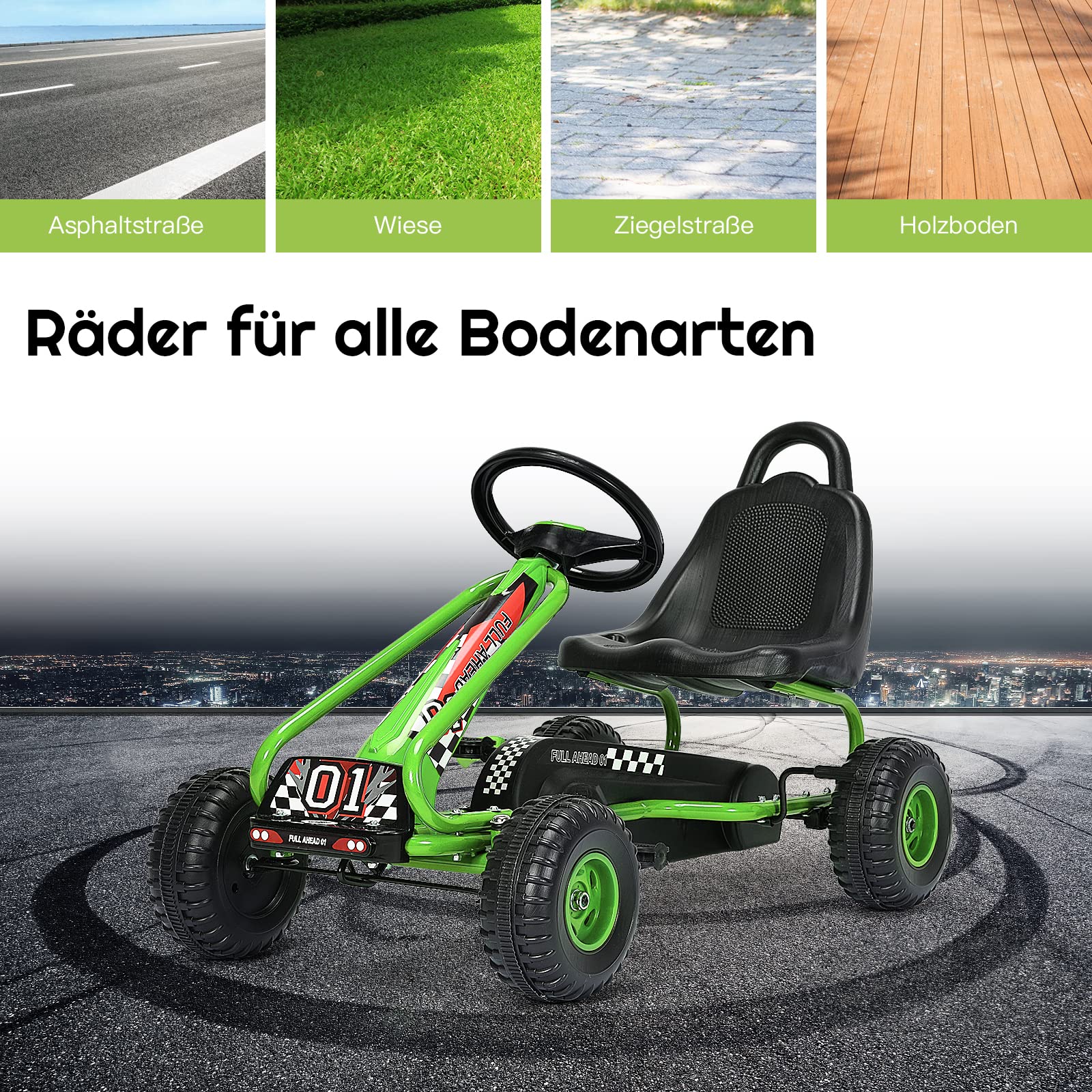 DREAMADE Gokart mit Handbremse & verstellbarem Sitz, Tretauto Tretfahrzeug mit geschlossenem Kettenkasten & Vor- und Rückwärtsgang, Pedal Go Cart für Kinder 3-6 Jahren, bis 30 kg belastbar (Grün)