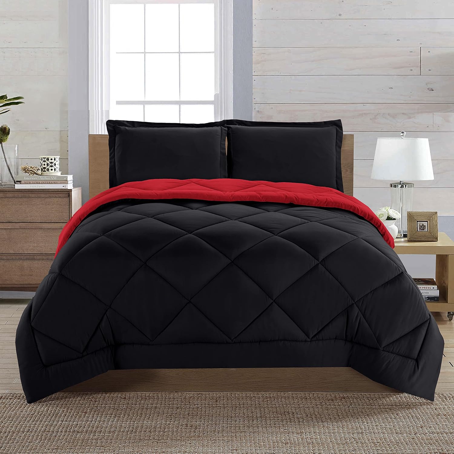 Valerian Reversible 3-Piece Comforter Set All Season, Ultra Soft, Down Alternative Comforter, King/Cal King, Black/Burgundy