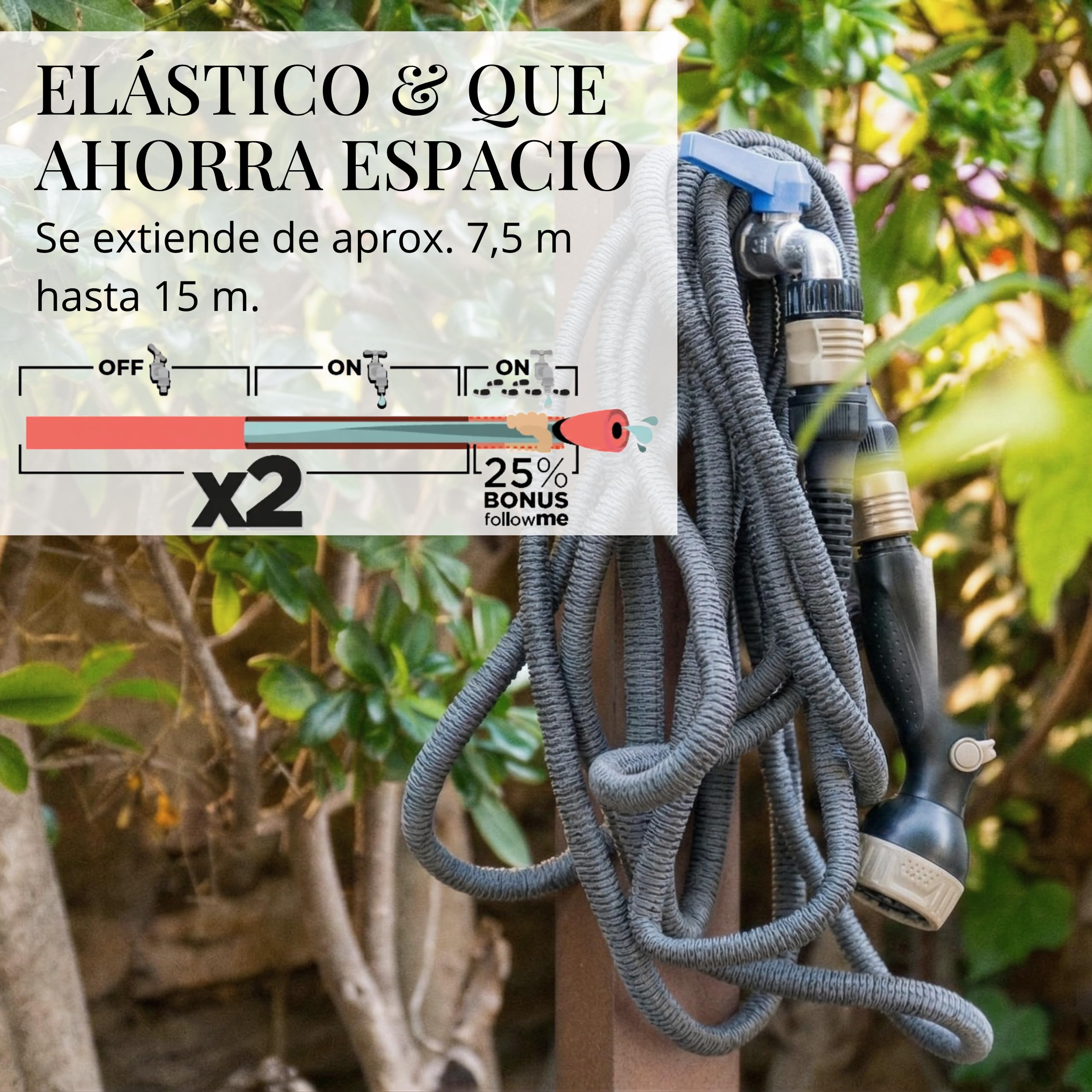 LIVLIG Manguera flexible 15 m Made in Italy – tubo extensible 1/2" con conectores y pistola multifunción – Gris
