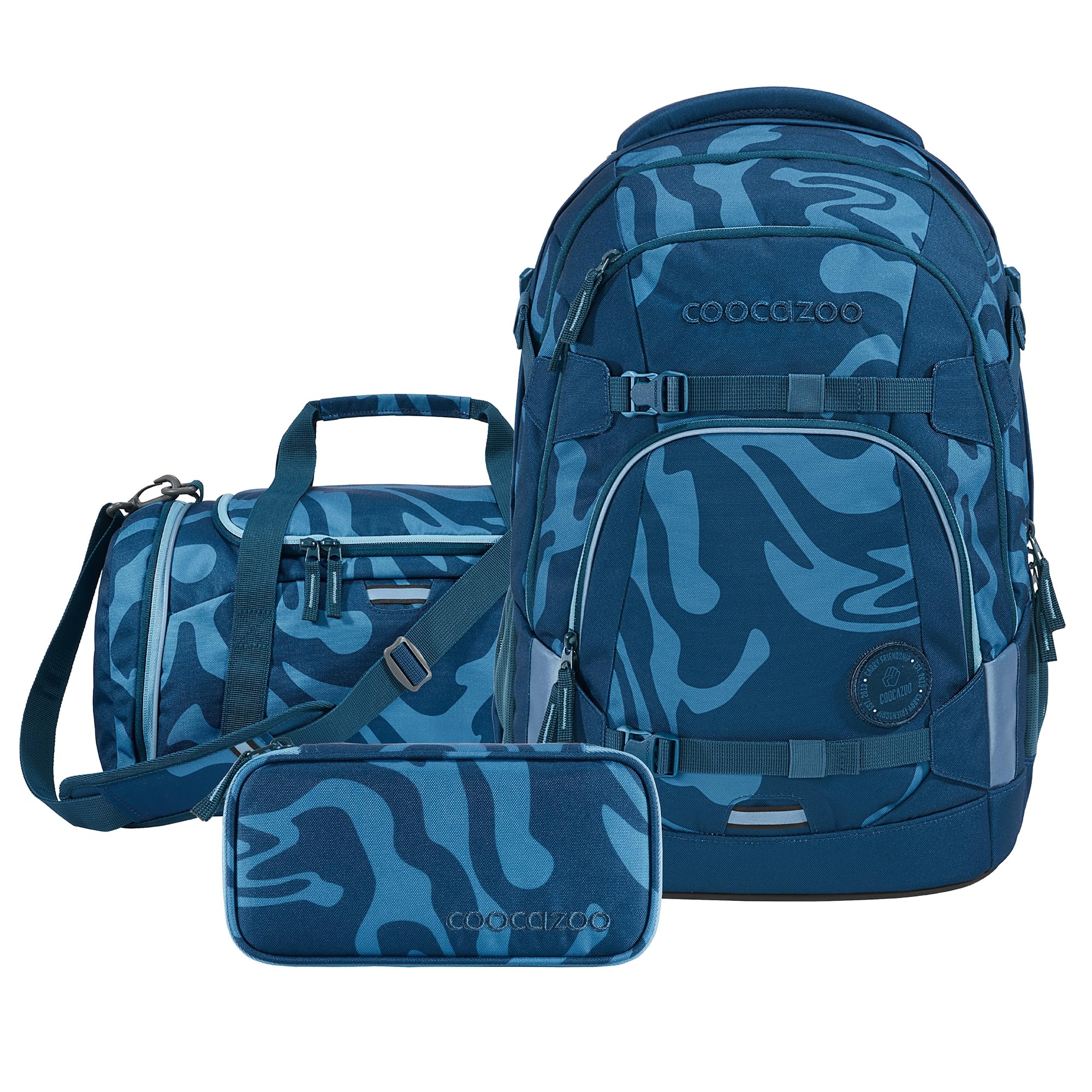 coocazoo Schulrucksack-Set Mate Breaking Waves, blau, 3-TLG. | ergonomischer 30L Tornister, höhenverstellbar mit Hüftgurt, für Kinder ab der 5. Klasse, inkl. Federmäppchen und Sporttasche
