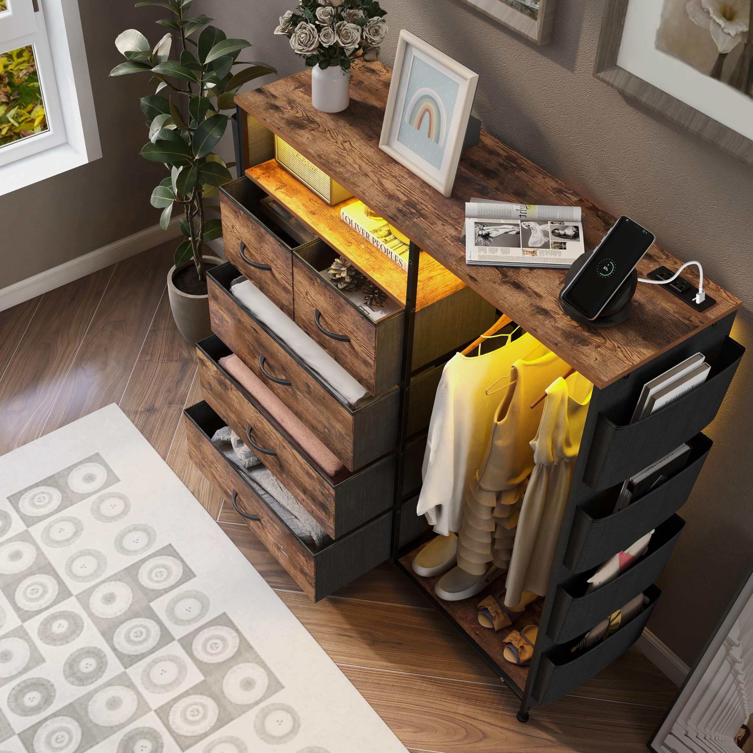 Commode à 5 Tiroirs, Tringle à Vêtements, éclairage LED Et