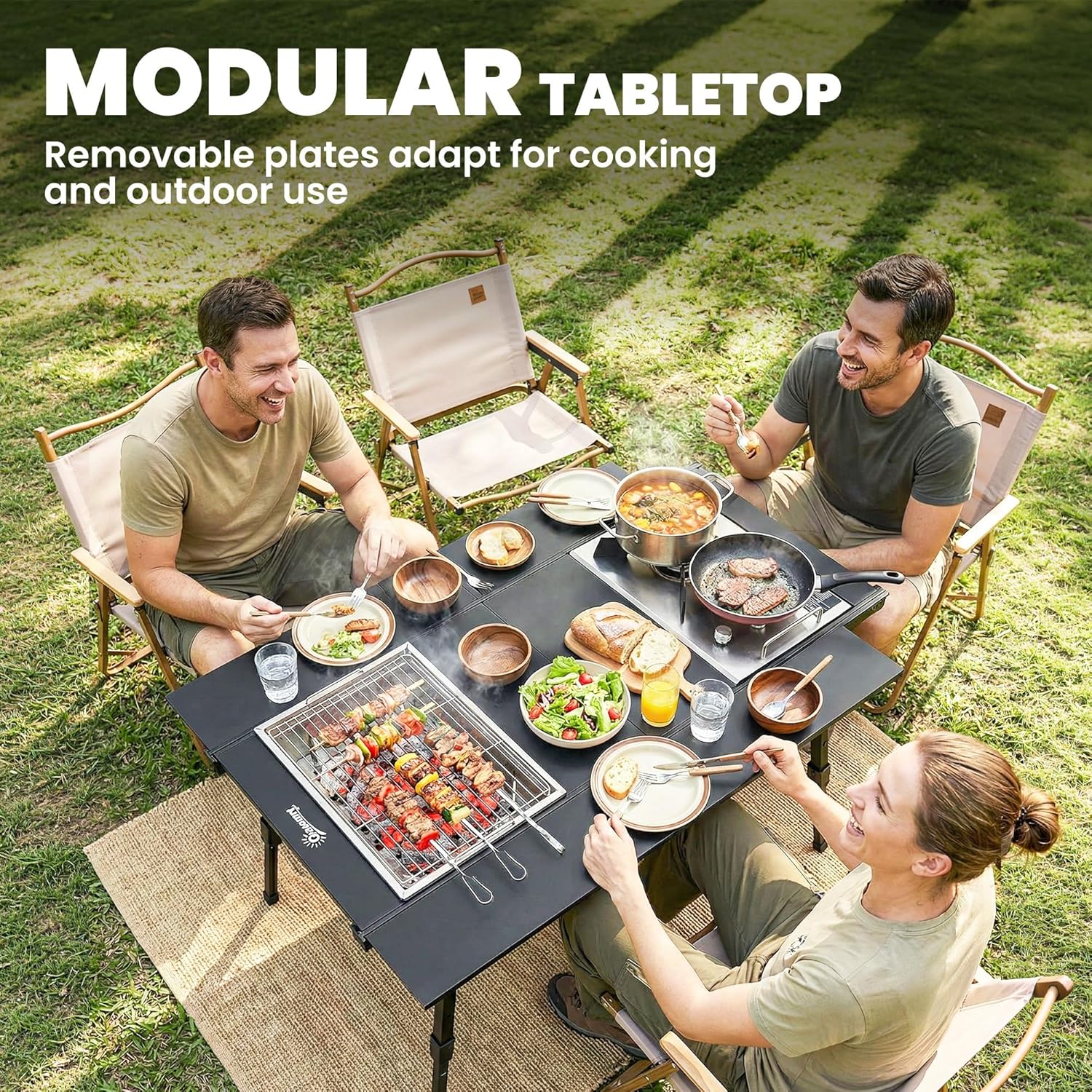 Outsunny Adjustable Height Folding Picnic Table with Removable Plates, Aluminum Camping Table, Portable for Outdoor, BBQ, Beach, Black