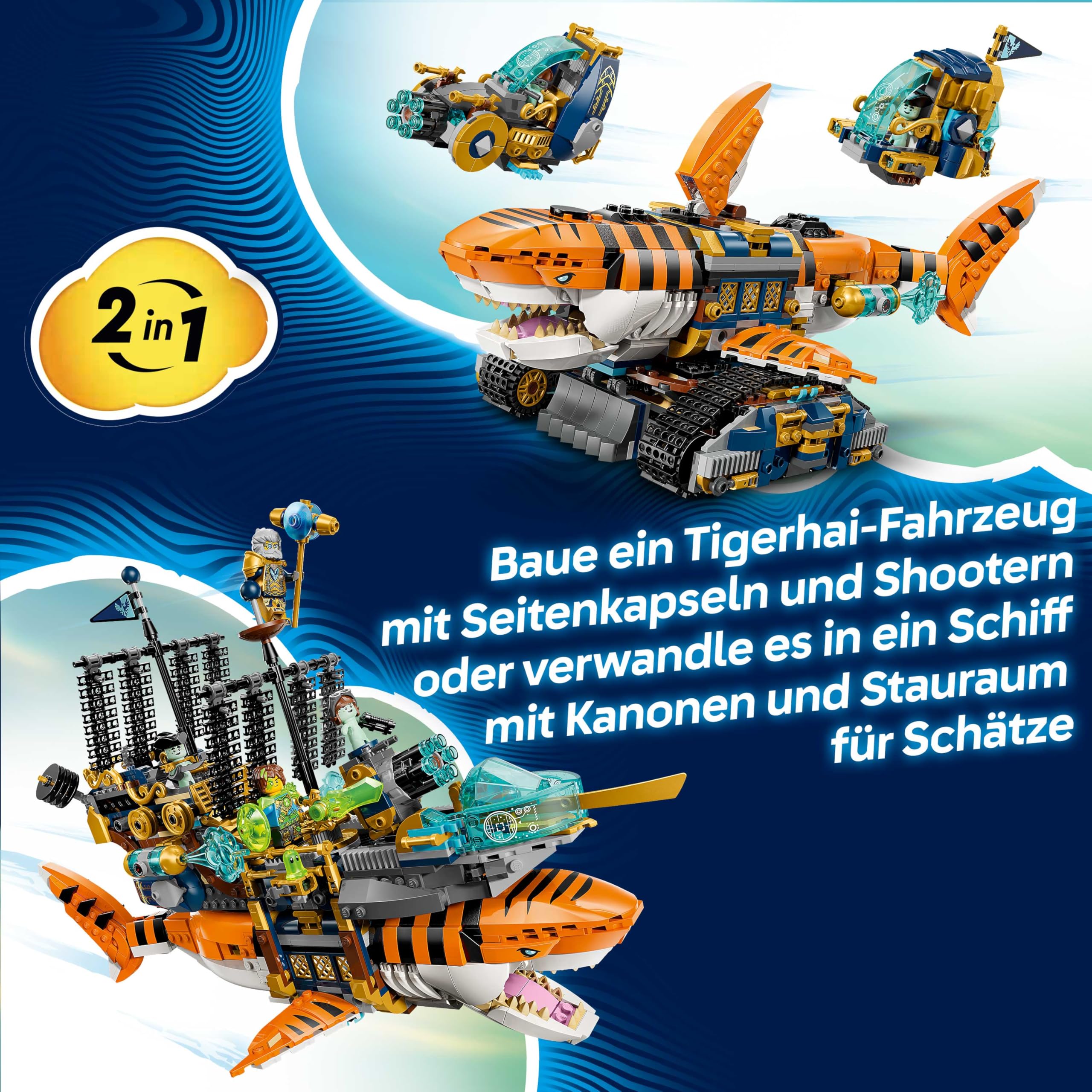 LEGO DREAMZzz 2in1 Tigerhai-Fahrzeug - Spielzeug verwandelbar in Piratenschiff mit Kanone - inkl. 5 Minifiguren und 2 sammelbaren Schatz-Kreaturen - Geschenk für Jungen ab 9 Jahren - 71515