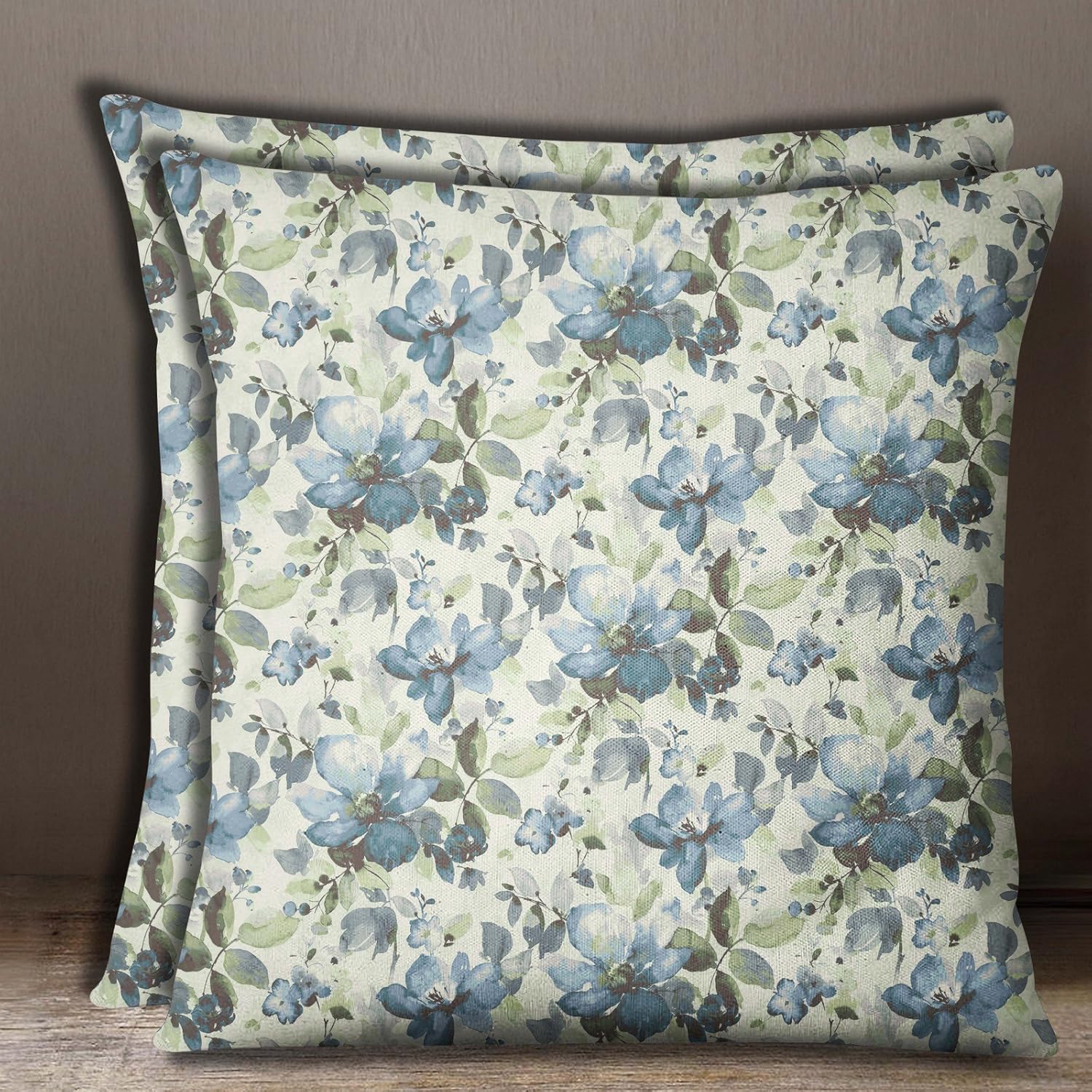 S4Sassy Light Blue Floral Print 2 Pcs Square Cushion Cover Cotton Poplin Pillow Case Throw-16 x 16 Inches
