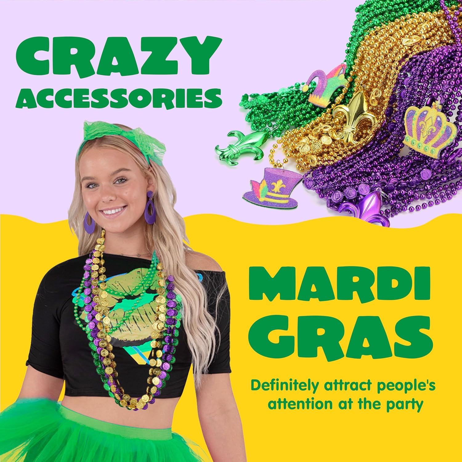 JOYIN 72 Pcs Mardi Gras Bead Necklaces, Gold Green Purple Metallic Colors Bead Necklaces Set for Mardi Gras Party Decorations, Costume Accessories Favors