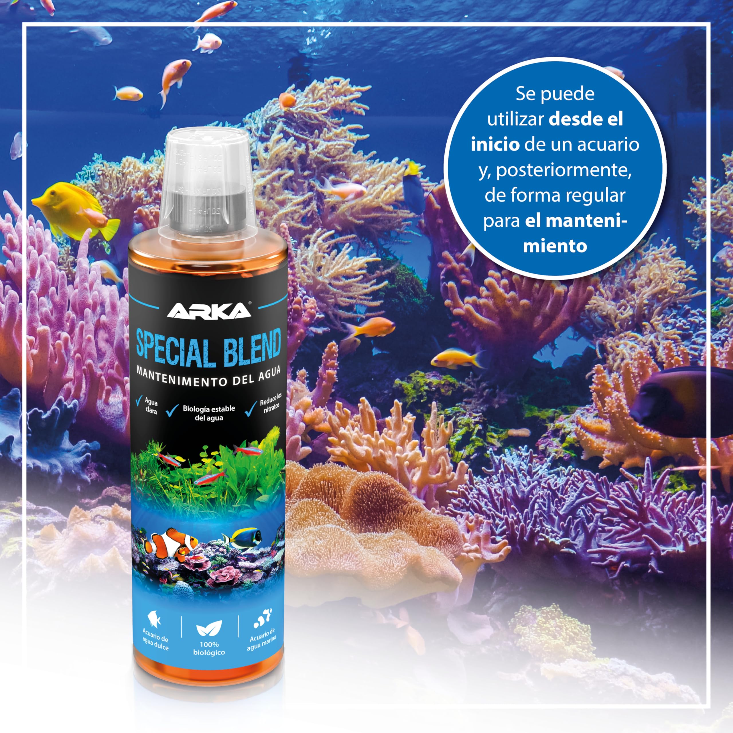 Bacterias Acuario 118 ml – ARKA Special Blend – Elimina nitratos y residuos orgánicos – Agua cristalina sin Olor – Dulce y Salado – fórmula biológica Premium para un ecosistema Estable