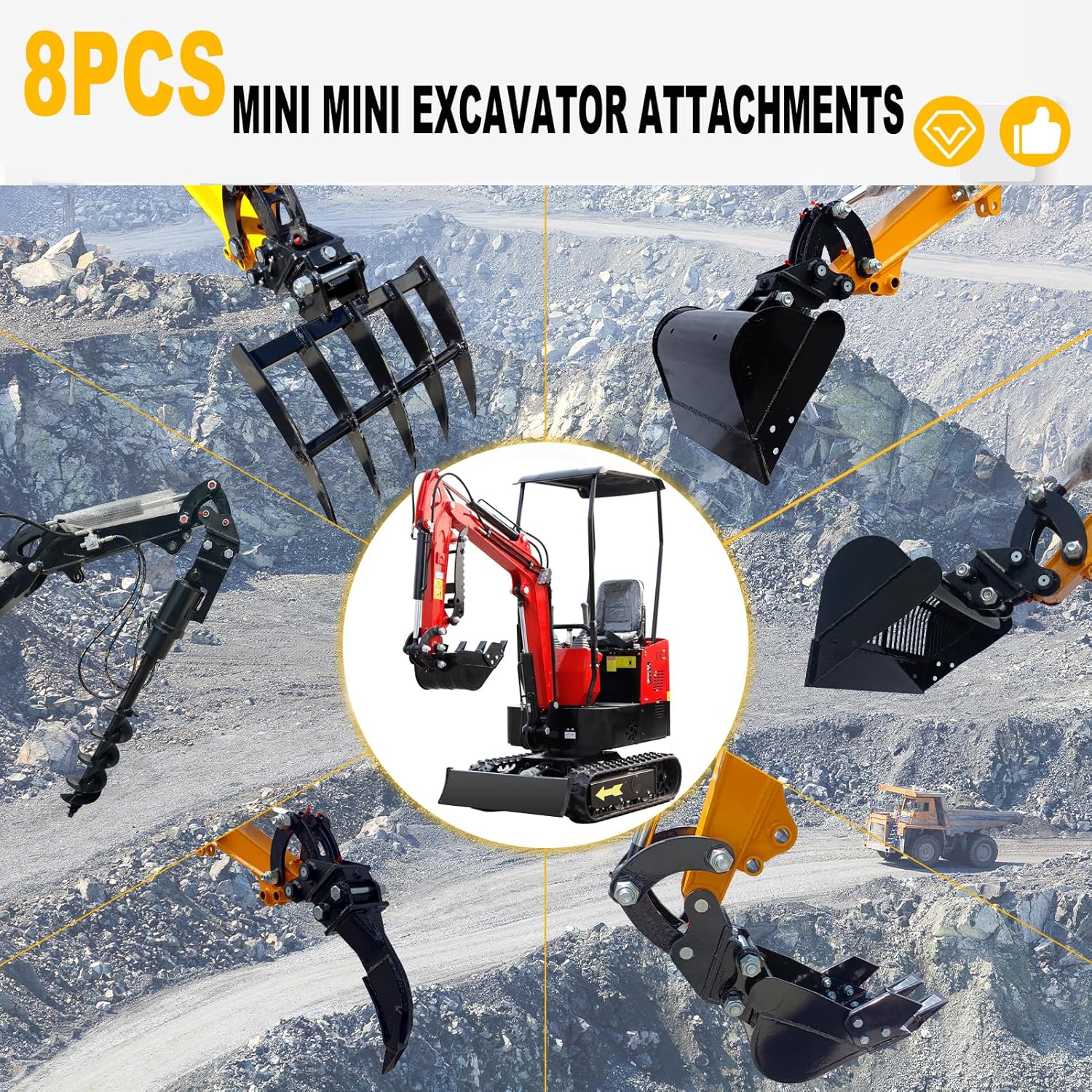 Mini Excavator Attachments with Narrow Bucket, Ripper, Rake, Auger, Grapple, Quick Change Hitch, Total 8pcs Excavator Accessories Bundle Kit, USA Stock