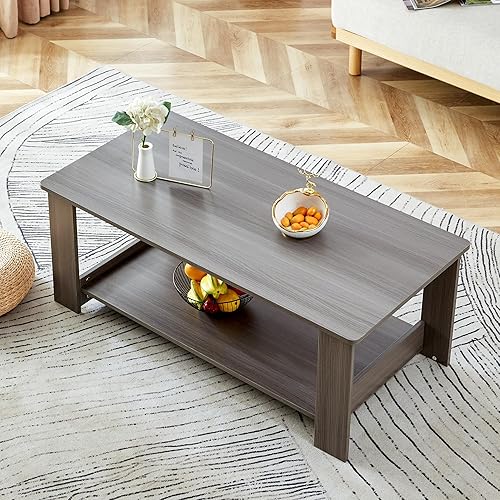 Miniatura 49 de Mesa auxiliar de 2 niveles, moderna mesa de centro rectangular para sala de estar con estante de almacenamiento para decoración de sala de estar,