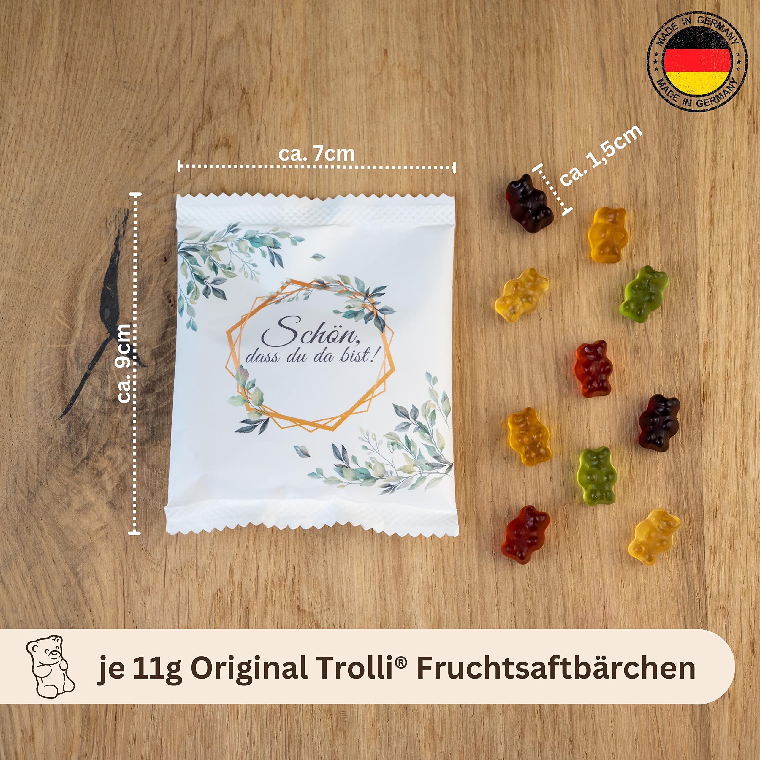 Lucky Treats - Schön dass du da bist Fruchtgummi Päckchen - 25 Stück - Weiß Matt - Eukalyptus Deko - Gummibärchen Gastgeschenke Hochzeit Taufe Geburtstag - Made in Germany