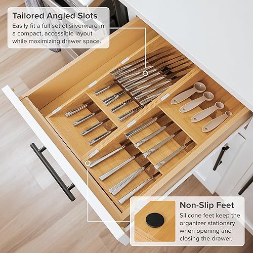 Miniatura 6 de KitchenEdge Organizador de cajones de cubiertos, cubiertos y cubiertos de alta calidad, diseño inclinado de 3 compartimentos con ranuras