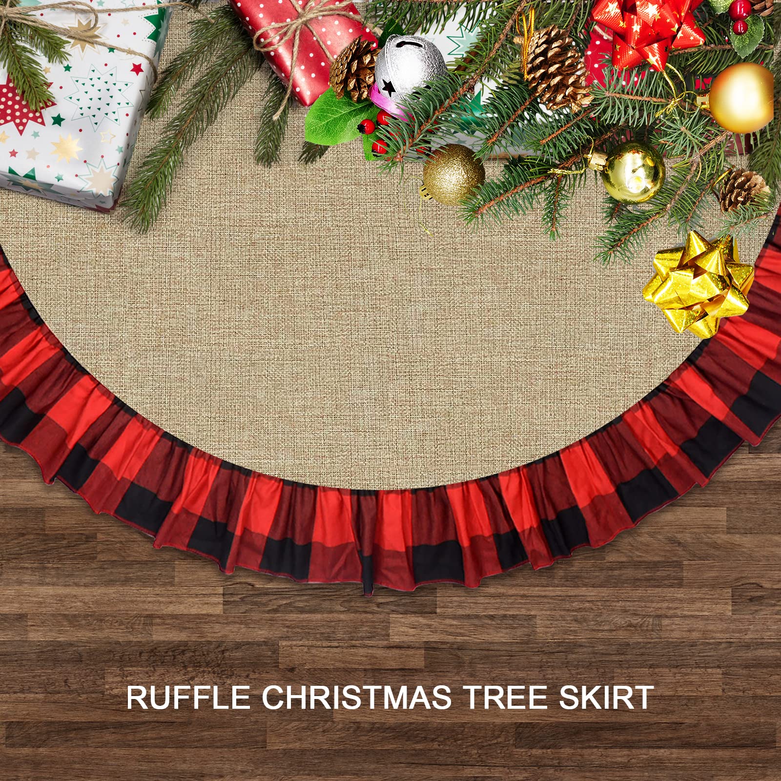 Buffalo Plaid Burlap Tree Skirt - 48 Inch Black & Red Gingham With Ruffle, Rustic Farmhouse Christmas Decor