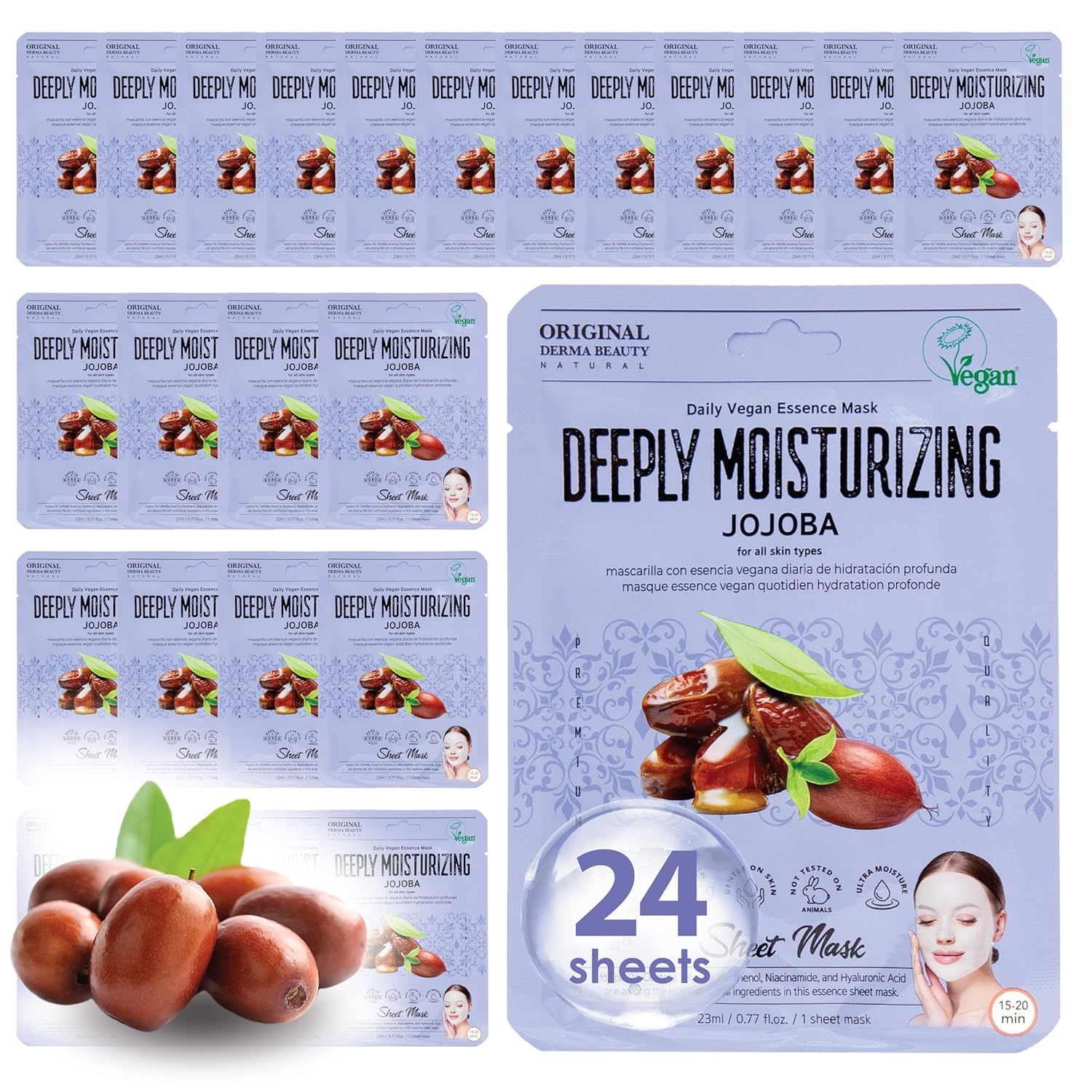 Innerest Original Derma Beauty Collagen Face Masks 24 PK Vegan Deep Moisturizing Jojoba Face Mask Skin Care Sheet Masks Set for Beauty & Personal Care Korean Face Mask