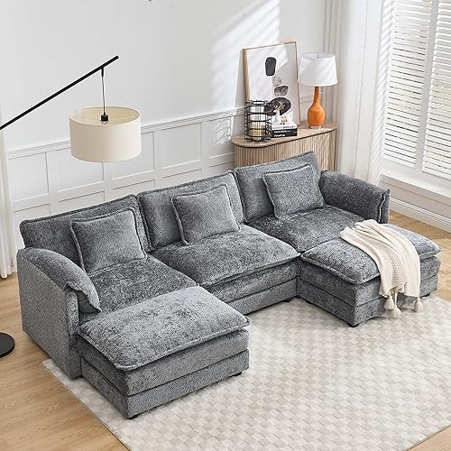 GNIXUU 111" Cloud Modular Sectional Sofa with 2 Ottoman, Chenille Modern 5 Seat U Shaped Couch Set with for Living Room, Bedroom and Apartment, Gray