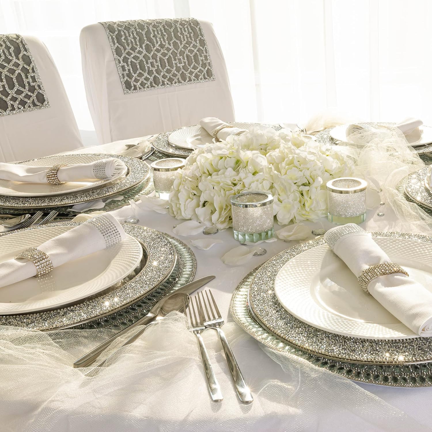 Flower Placemat, Stunning Glass Rhinestones, Protective Felt Back, for Formal Dining Tables Setting, Events, Wedding, Silver, 15", Sold Individually